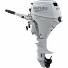A white outboard motor with black propeller and handle.