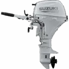 A white outboard motor with black propeller and handlebars.