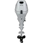 A white outboard motor with black propeller and handle.