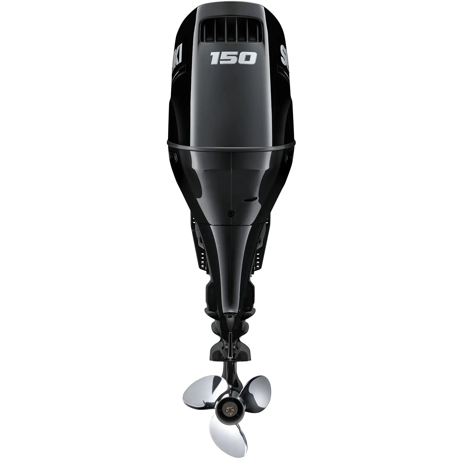 Black outboard motor with 150 horsepower rating and three-blade propeller.