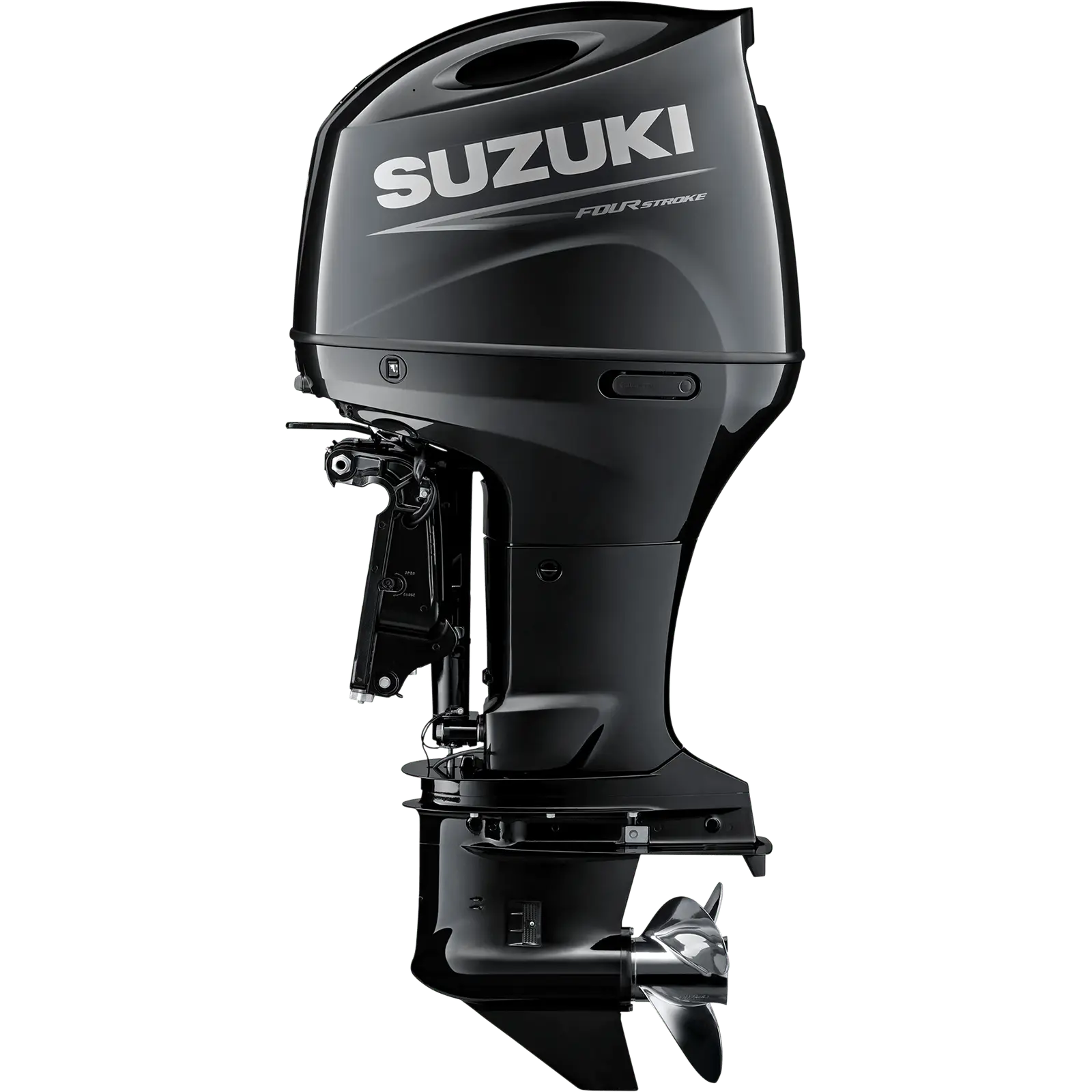 A sleek black outboard motor with propeller and Suzuki branding.