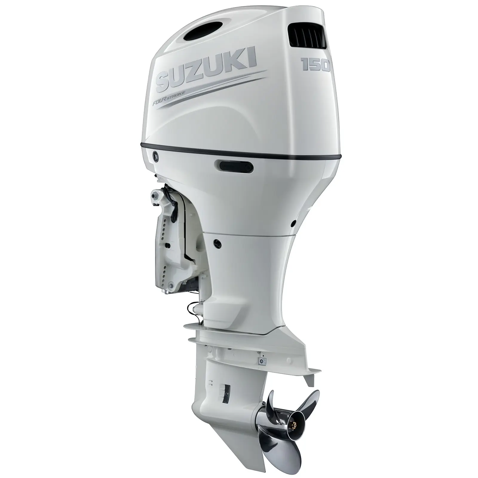 White outboard motor with propeller and vent holes.