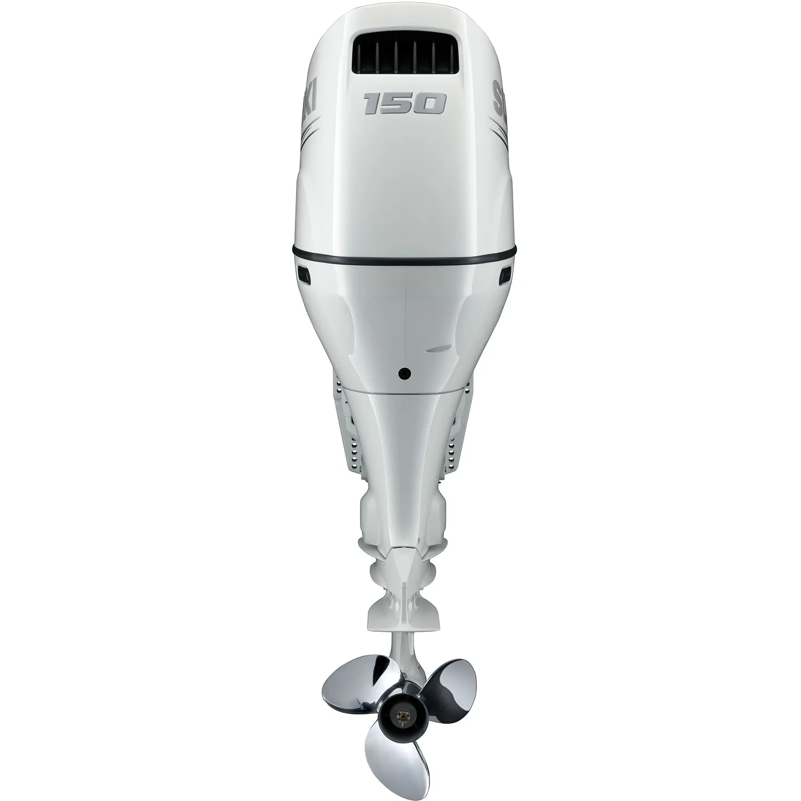 A white outboard motor with propeller and venting details.