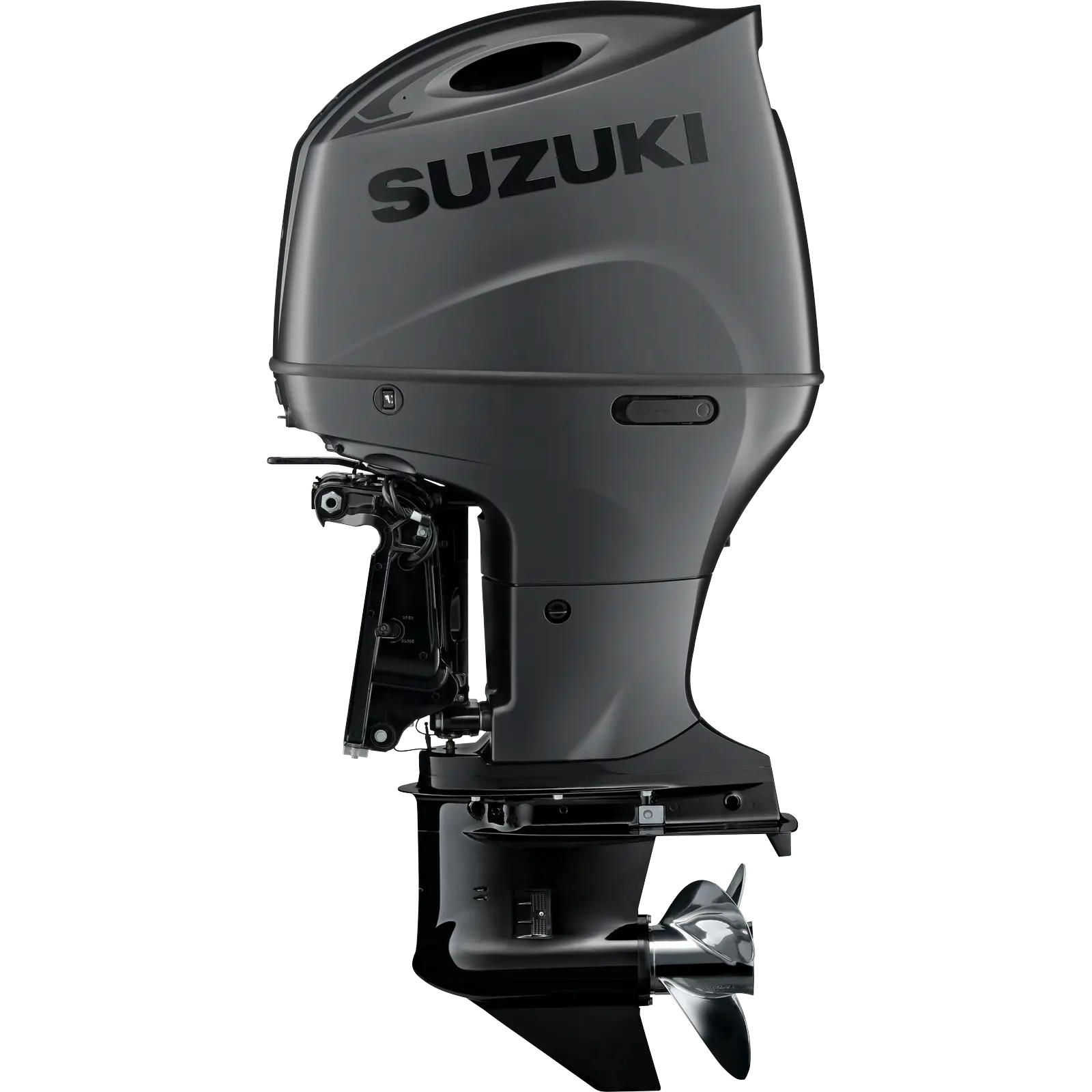 A sleek black outboard motor with visible mechanical components and propeller.