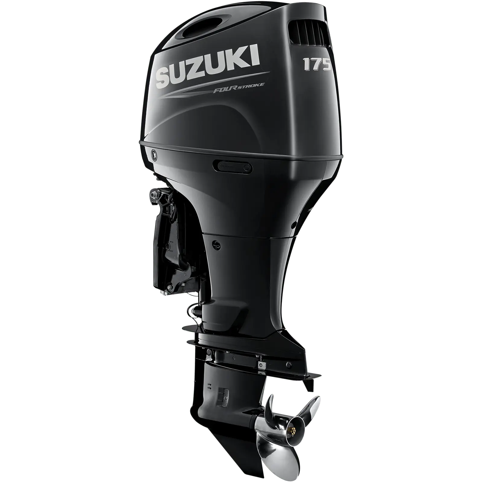 A black outboard motor with propeller and branding details.
