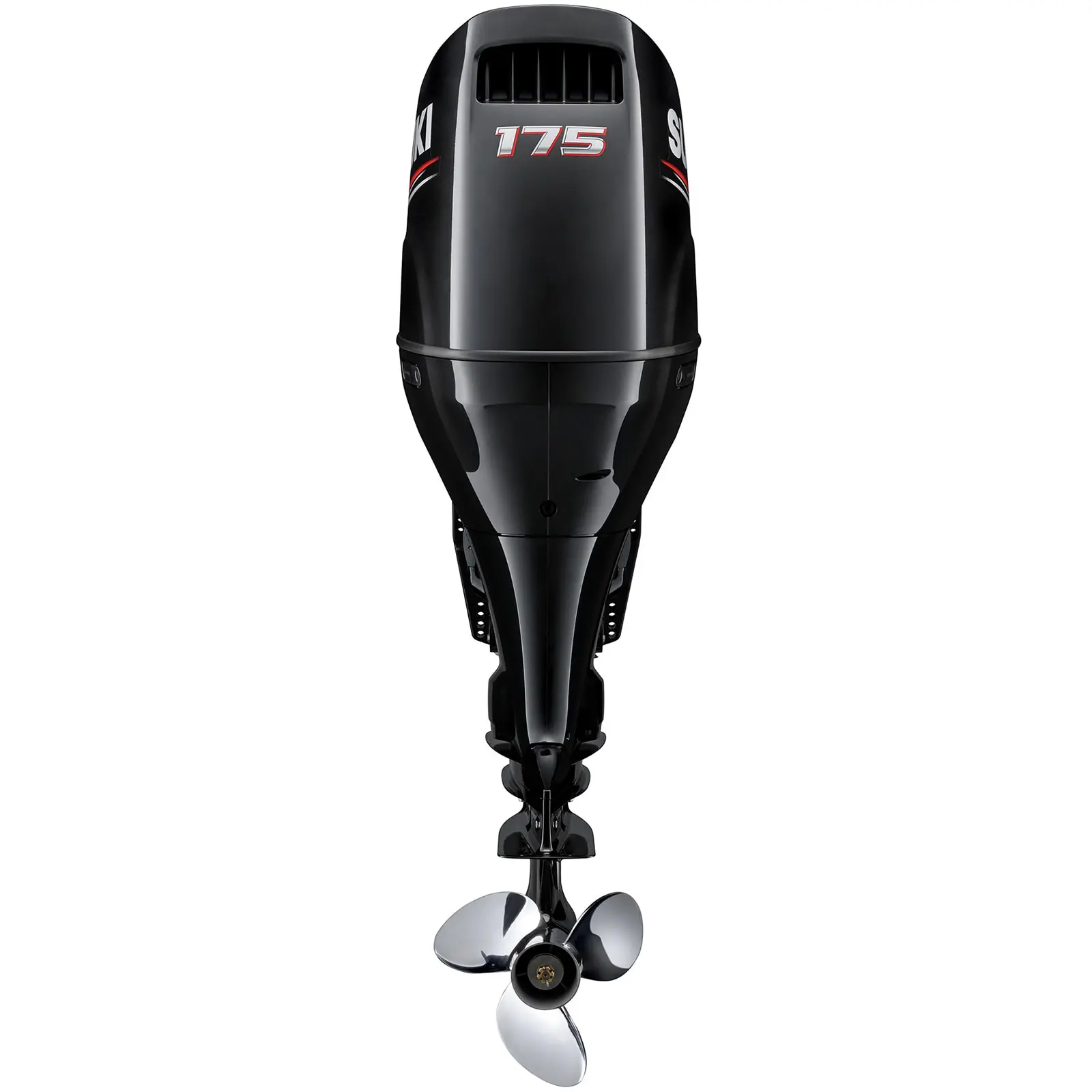 A black outboard motor with silver propeller and red numbers 175 on top.