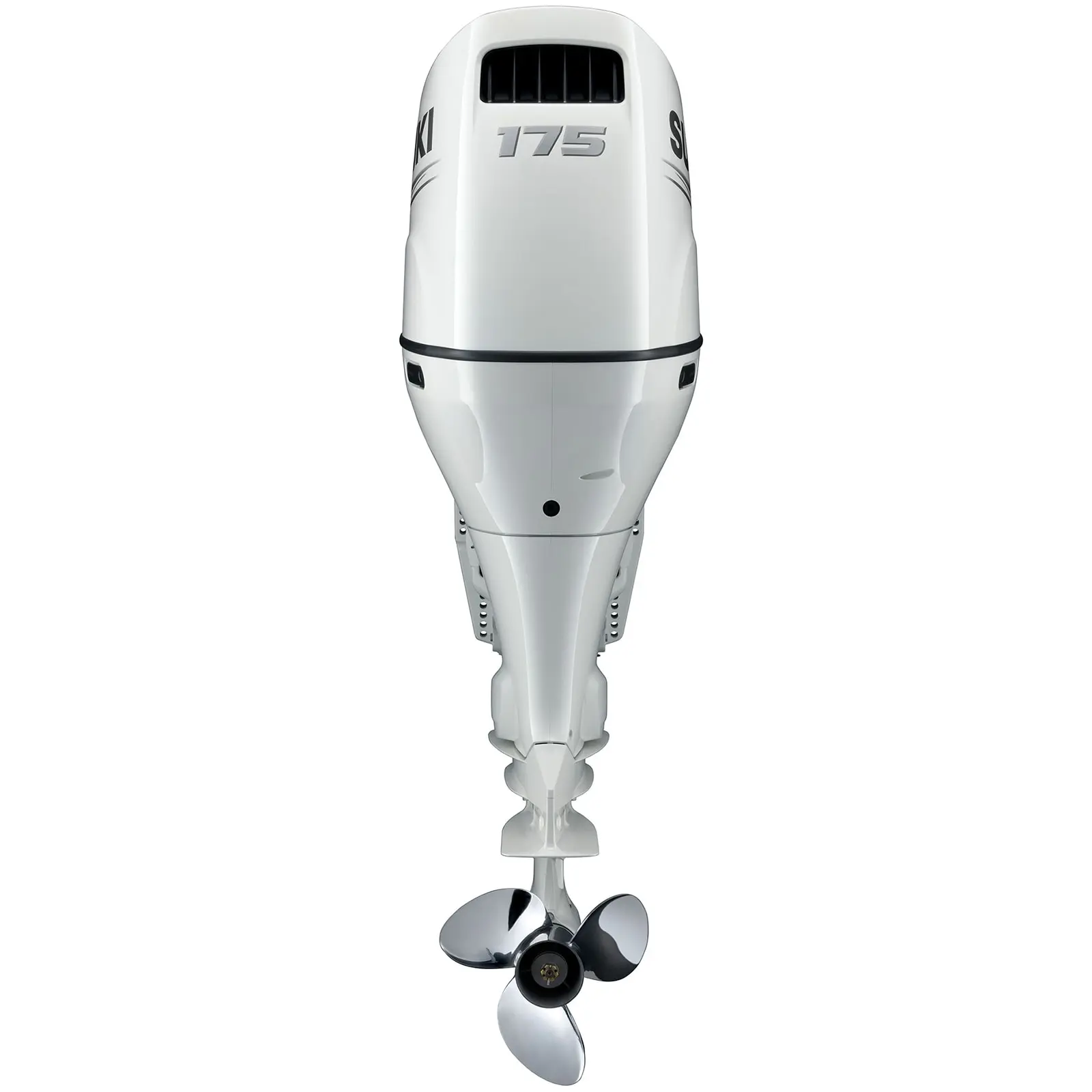 White outboard motor with propeller at bottom.