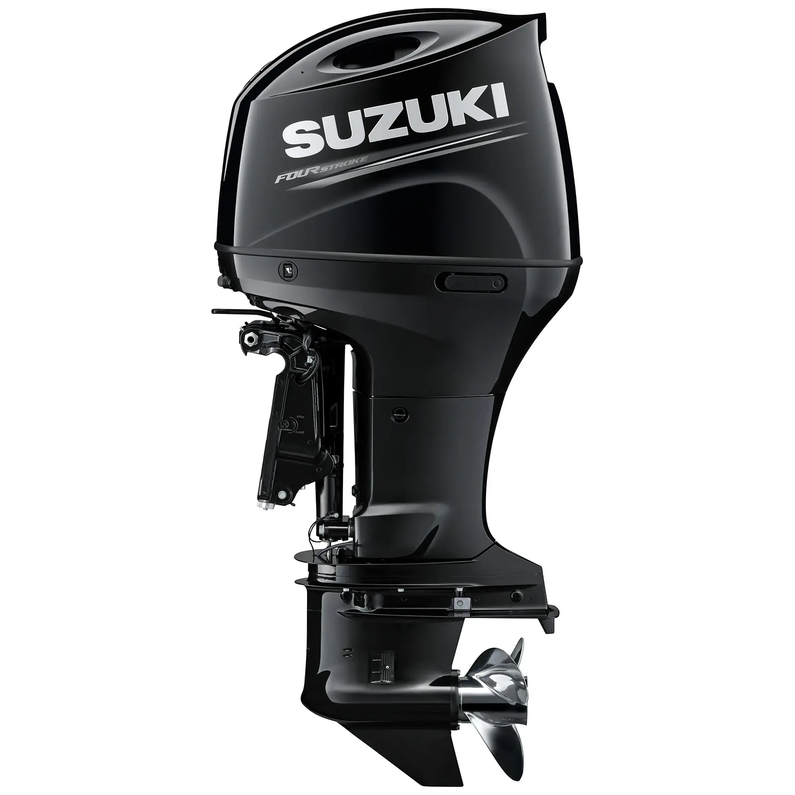 A sleek black outboard motor with propeller and engine details.