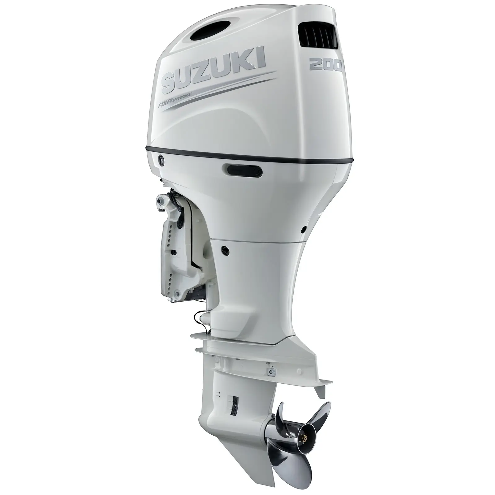 White outboard motor with propeller and vent holes.