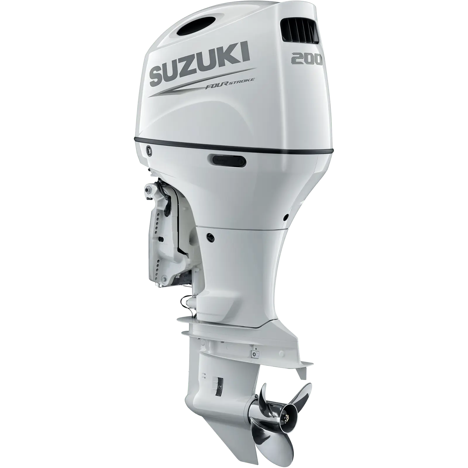 White outboard motor with propeller and vent holes.