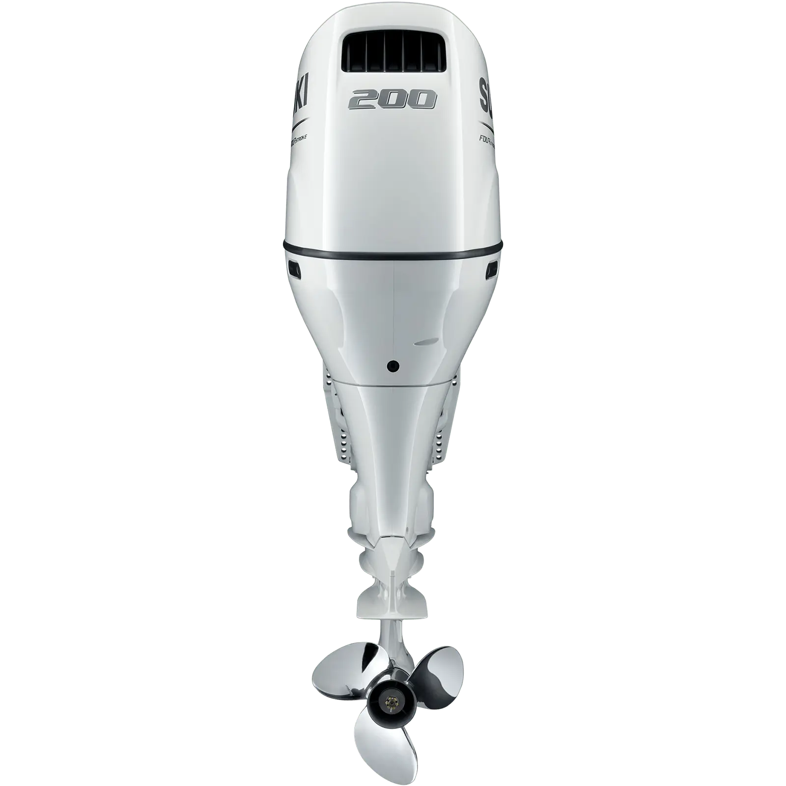 A white outboard motor with propeller at bottom.