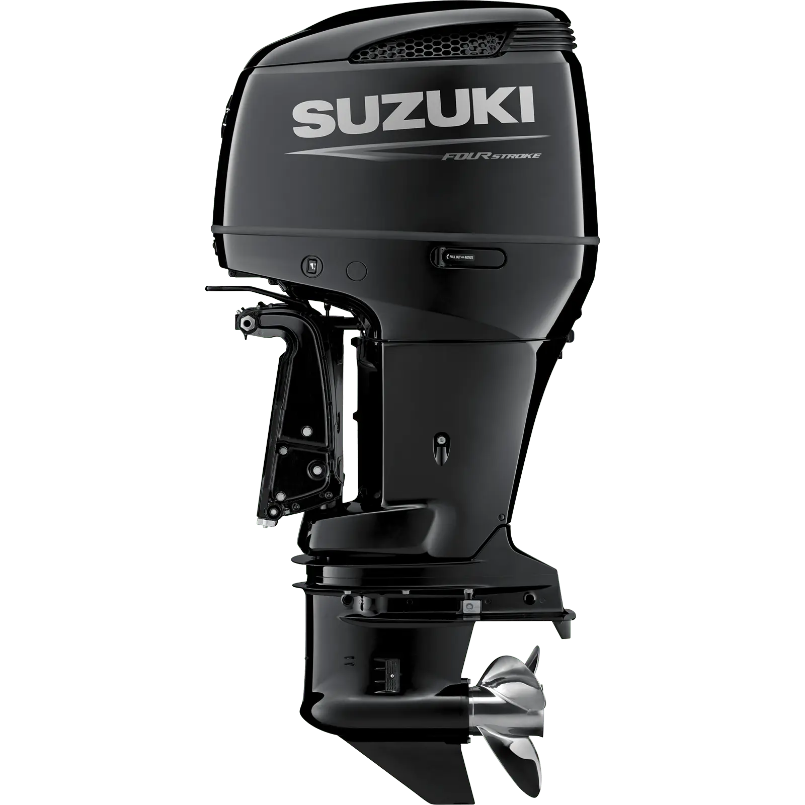 A sleek black outboard motor with propeller and control panel details.