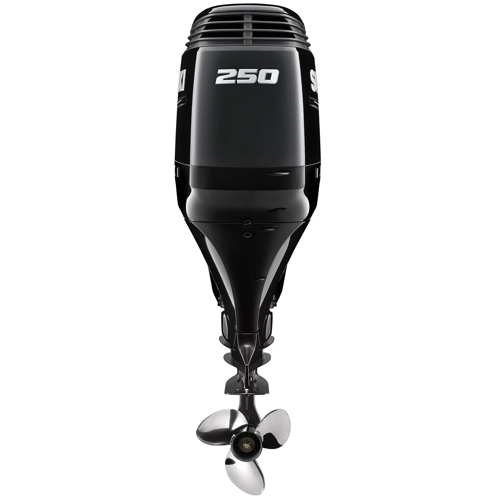 A sleek black outboard motor with propeller and number 250 on top.