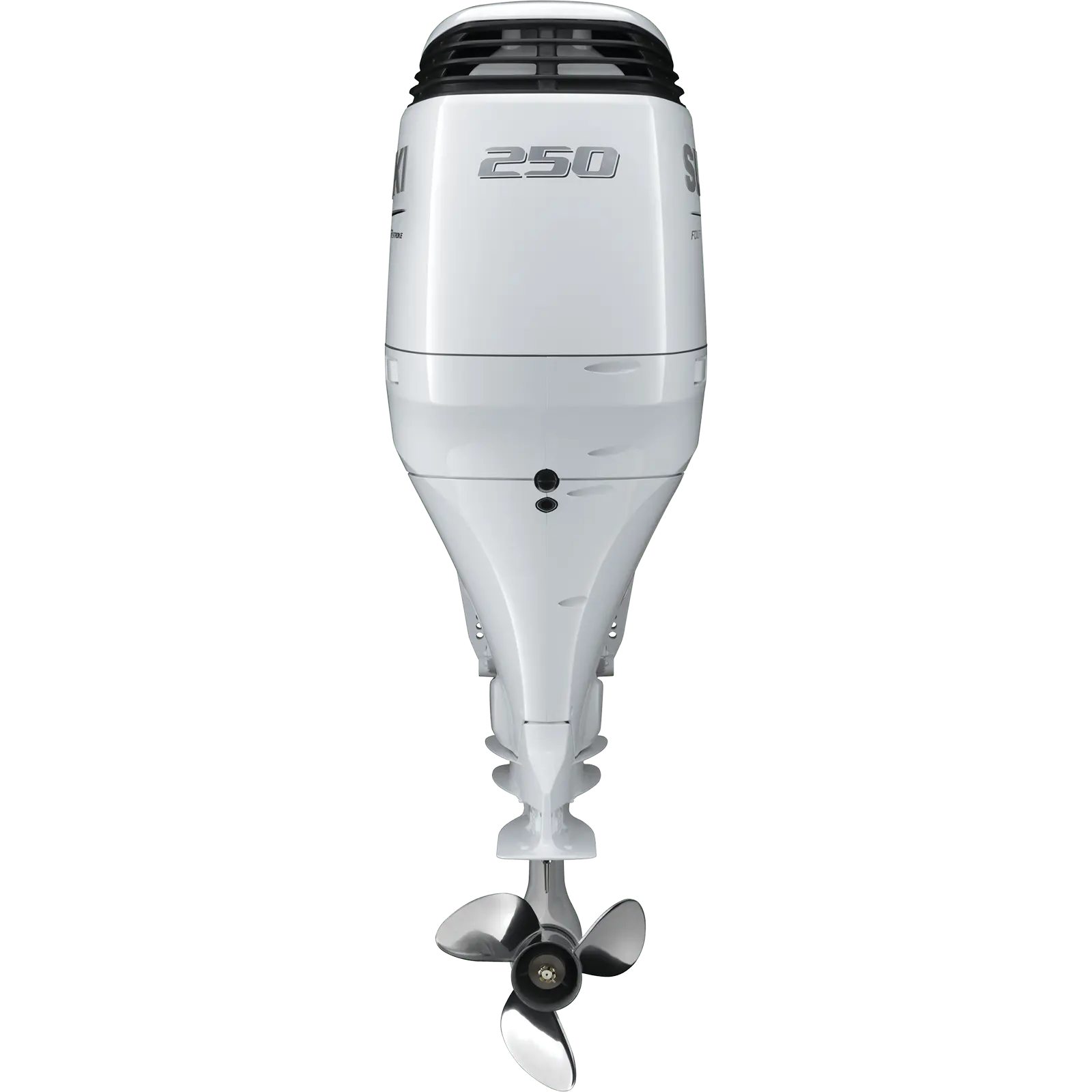 A white outboard motor with propeller and number 250 on top.