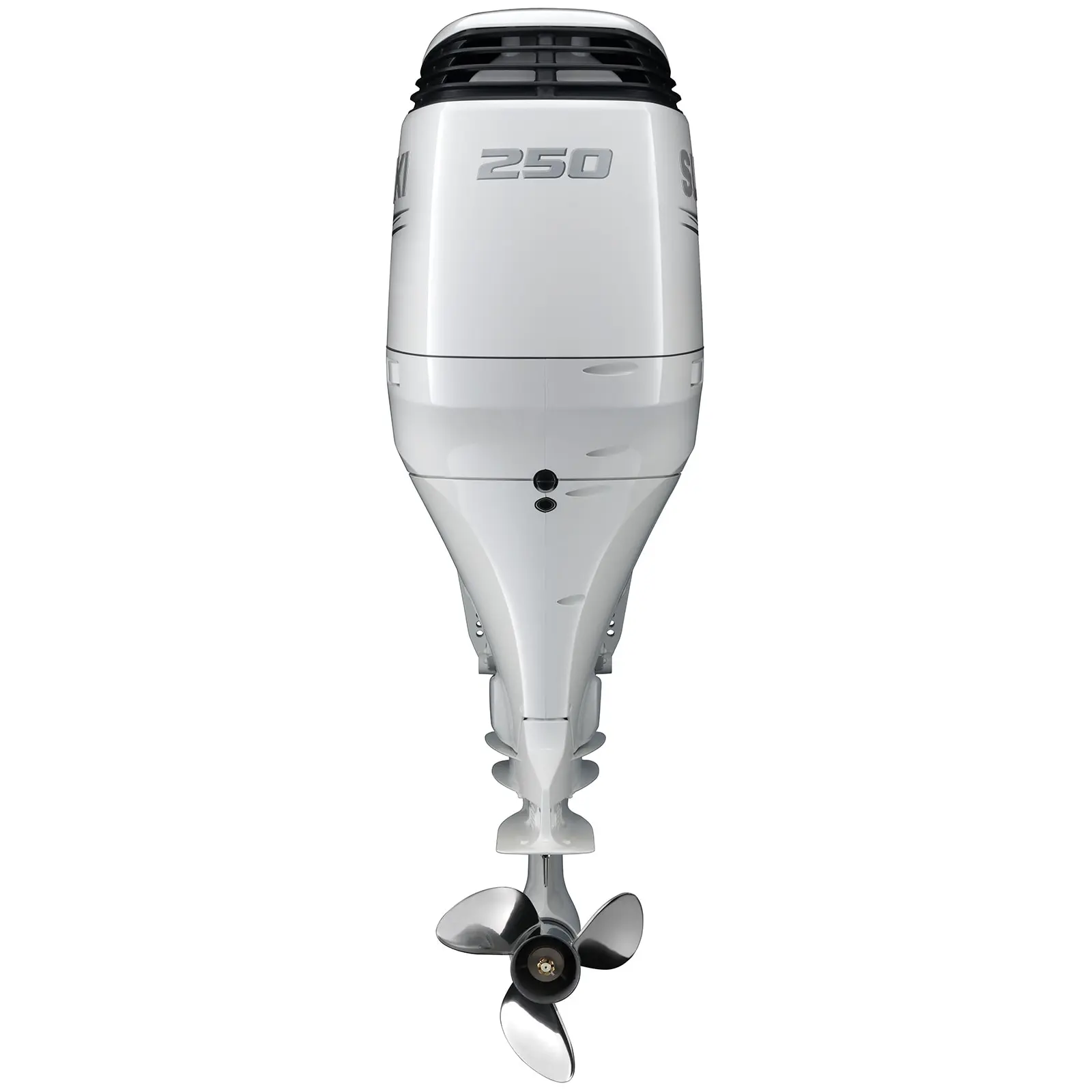 A white outboard motor with 250 horsepower rating and three-bladed propeller.