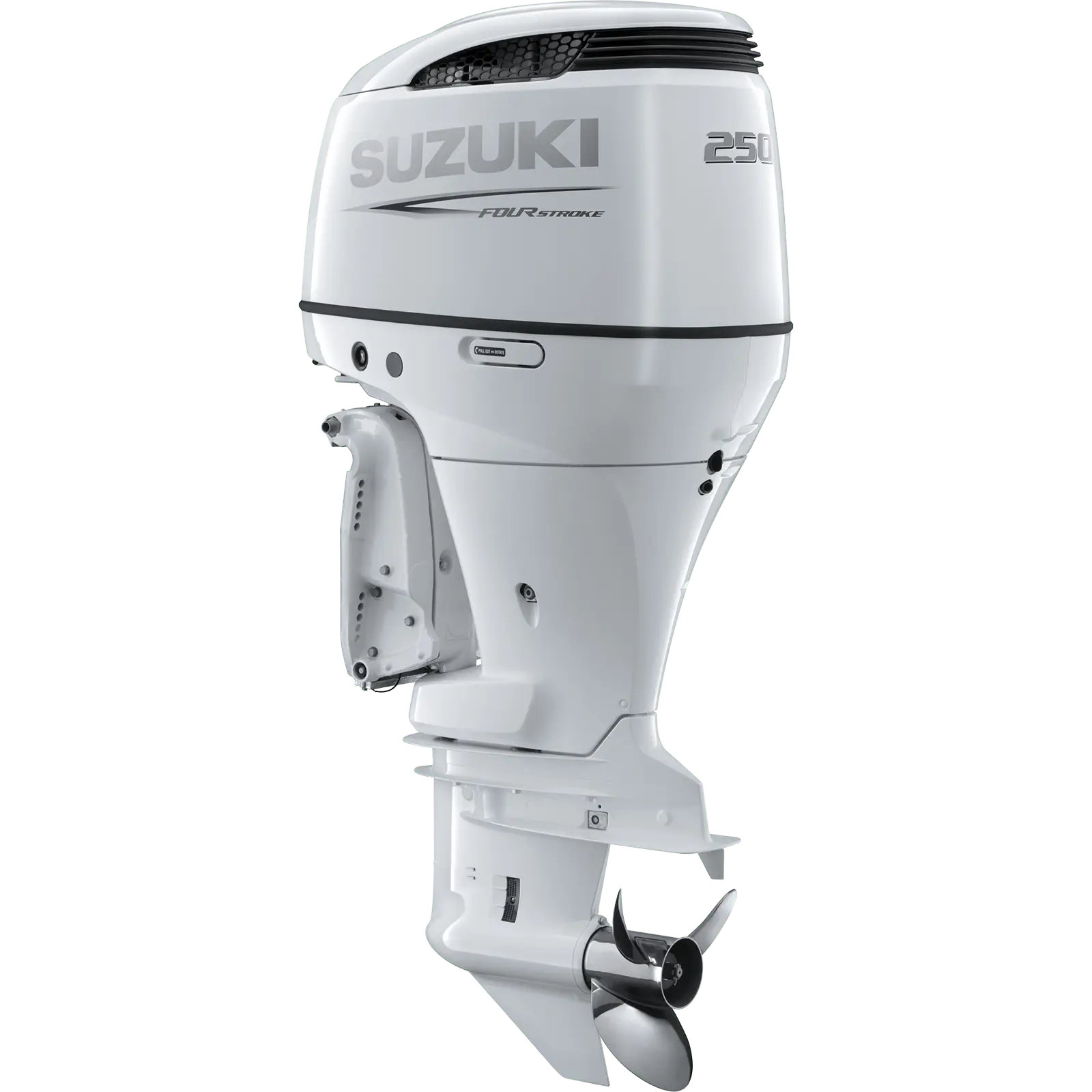 A white outboard motor with propeller and branding details.