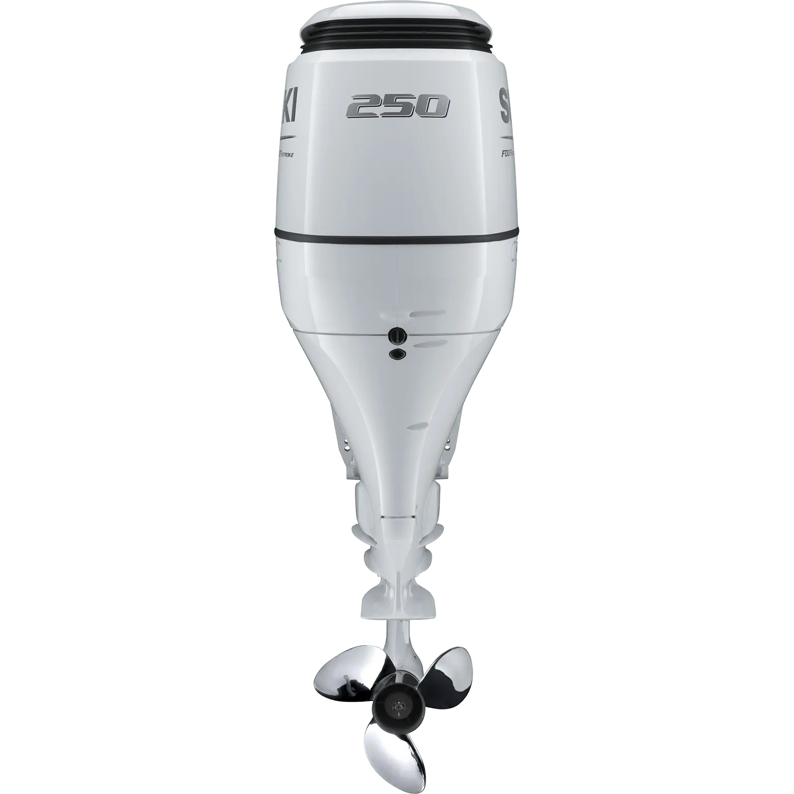 A white outboard motor with chrome propeller and number 250 on top.