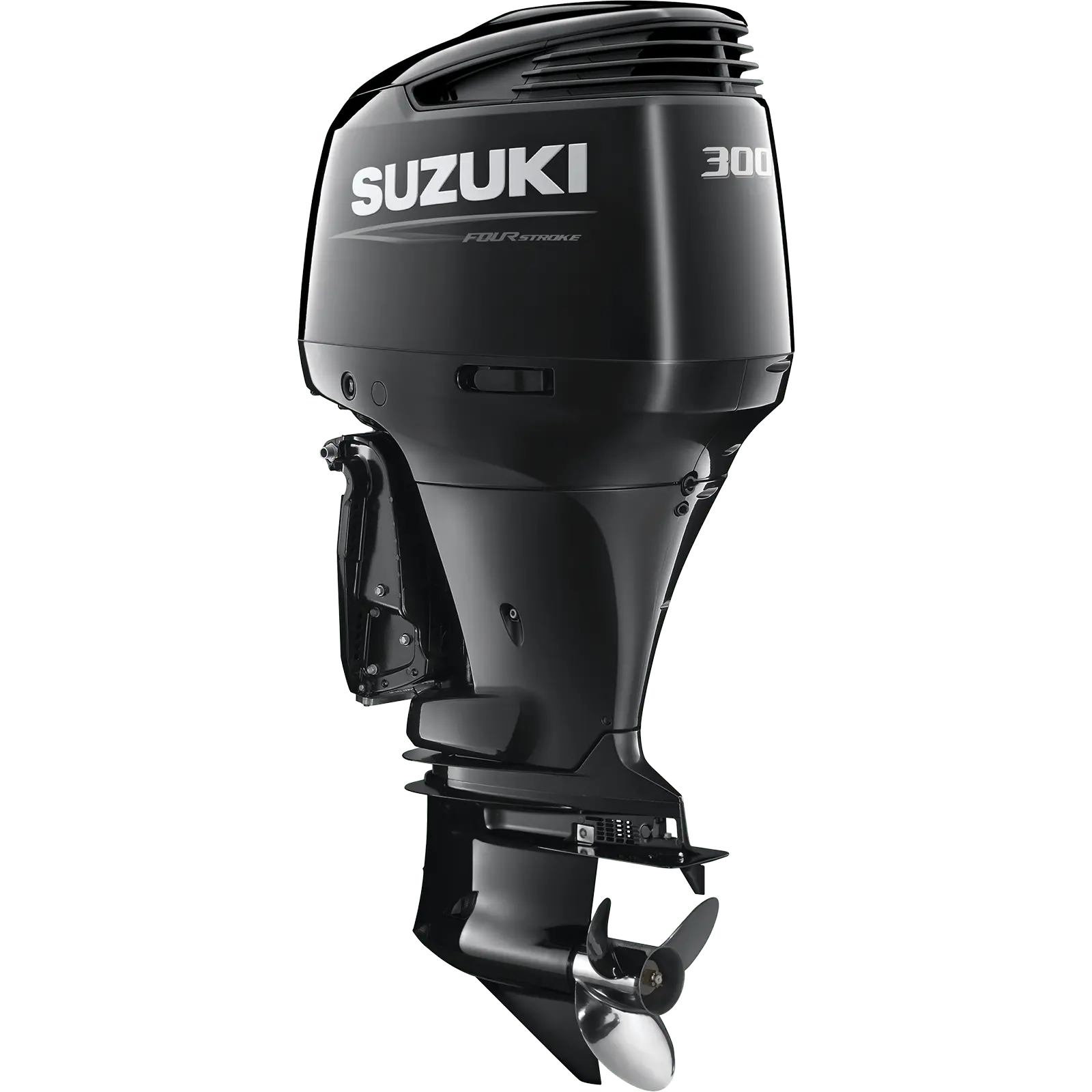 A sleek black outboard motor with propeller and exhaust vent.