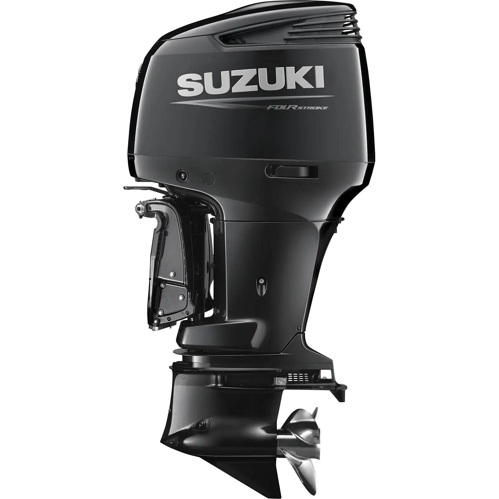 A sleek black outboard motor with fins and propeller.
