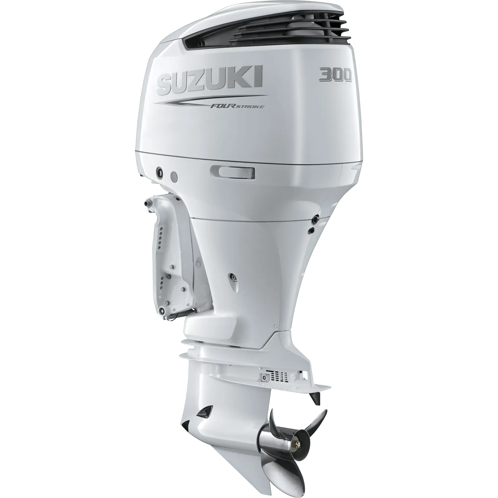White outboard motor with propeller and vented top.