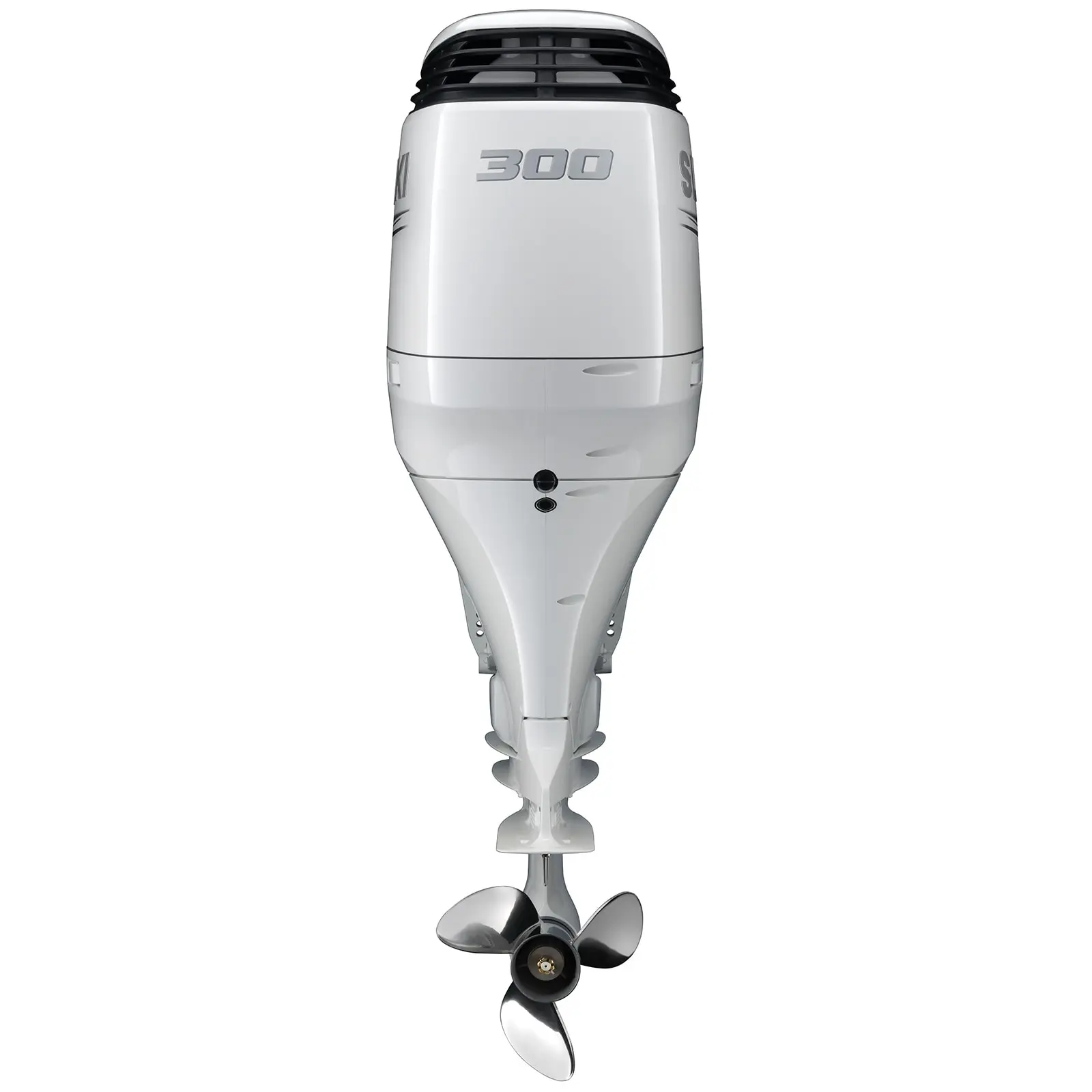 A white outboard motor with propeller and number 300 on top.