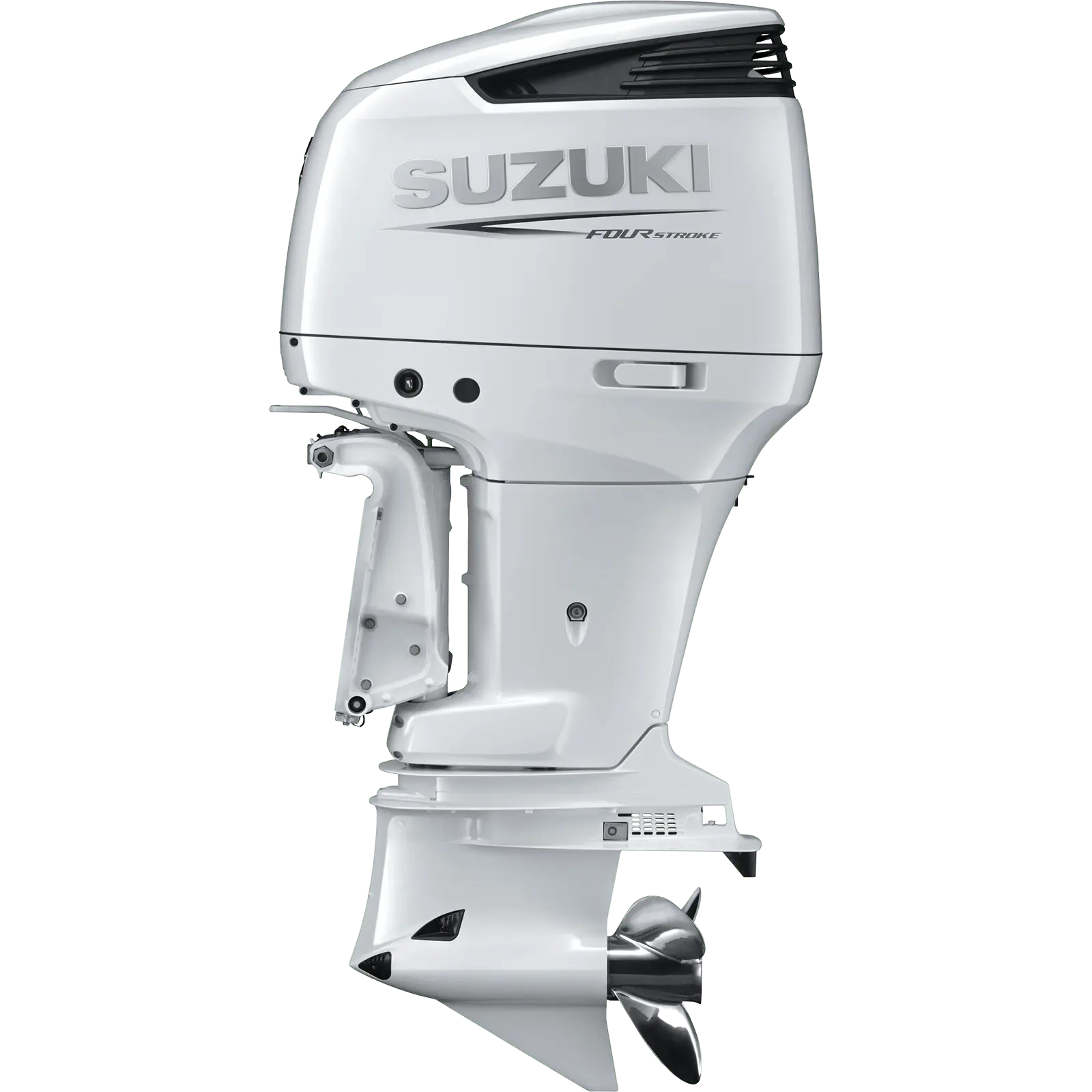 A white outboard motor with propeller and Suzuki branding.