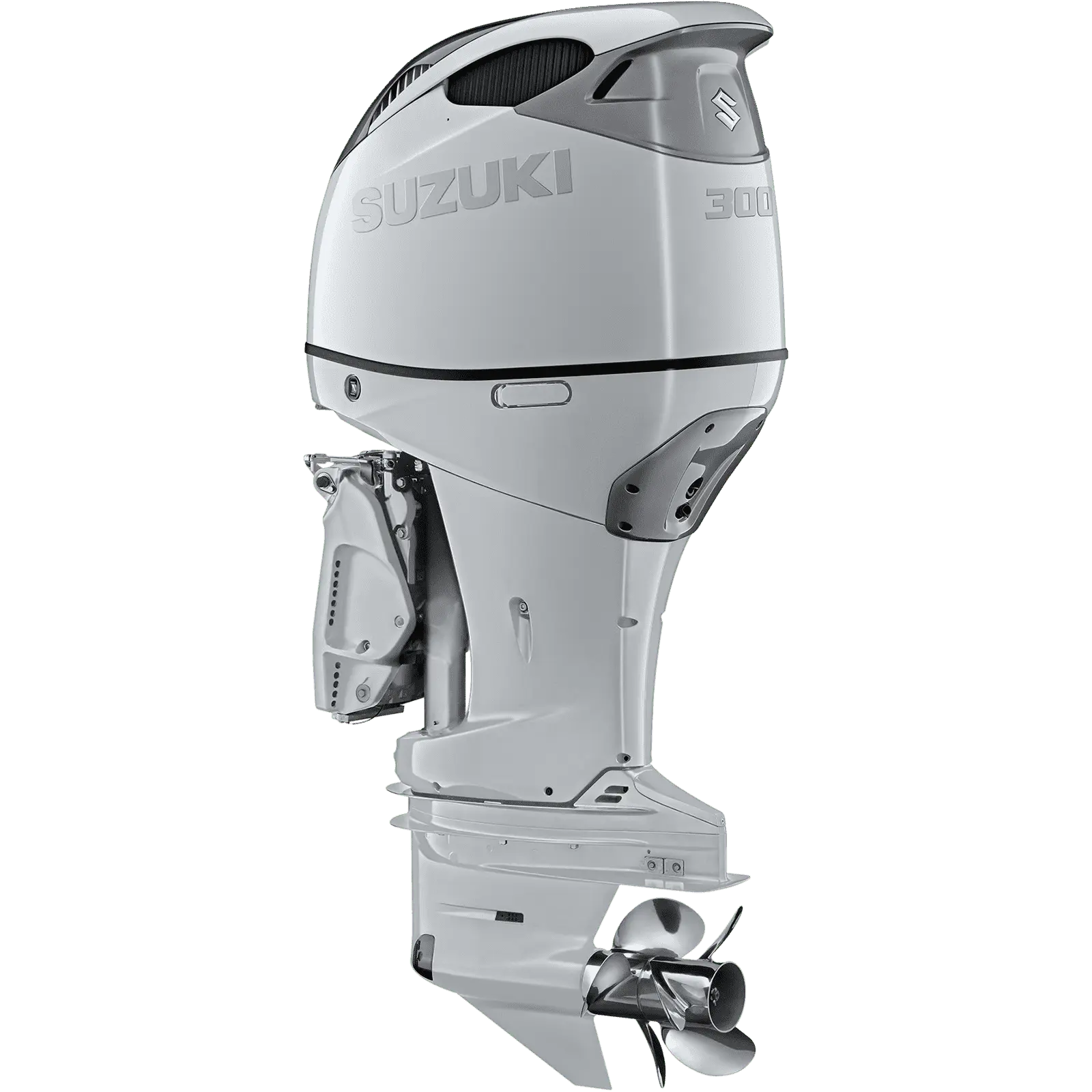 A sleek white outboard motor with propeller and Suzuki branding.