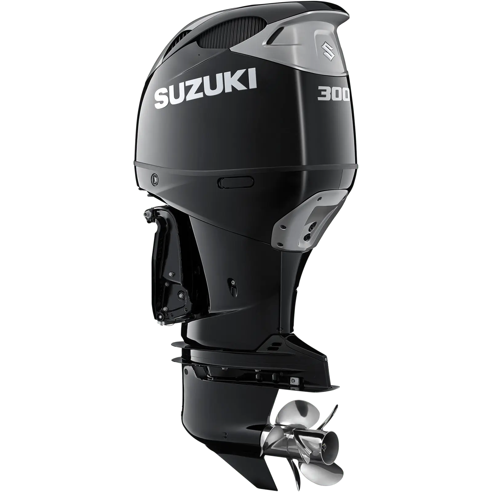A sleek black outboard motor with silver propeller and branding details.