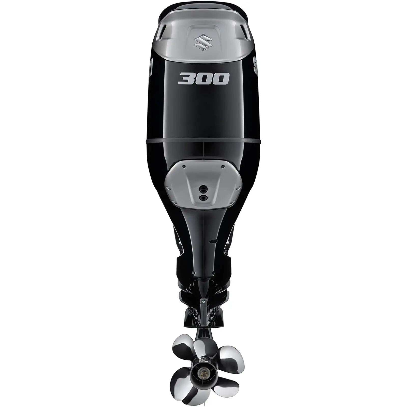 A sleek black and silver outboard motor with propeller at bottom.