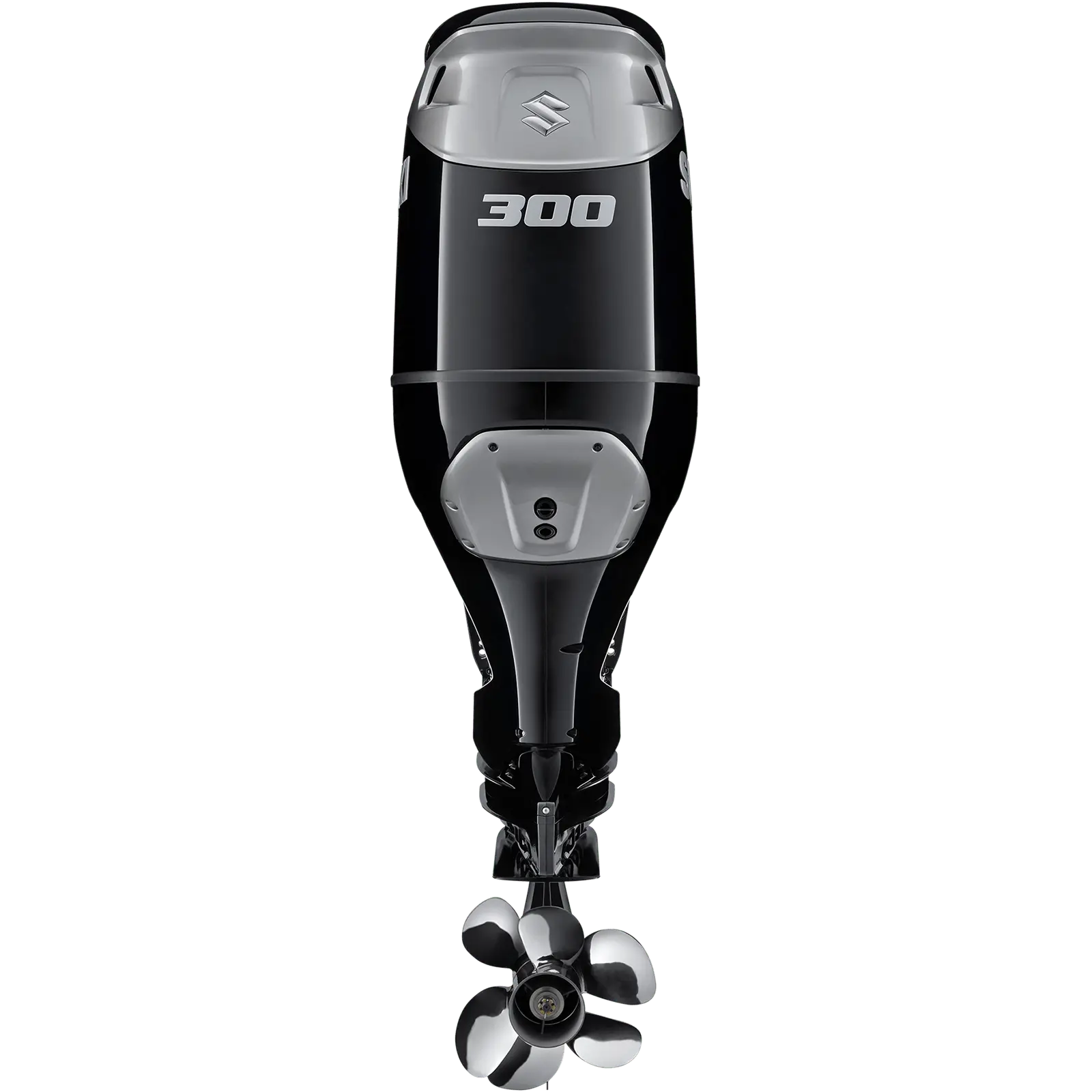 A sleek black and silver outboard motor with propeller at bottom.