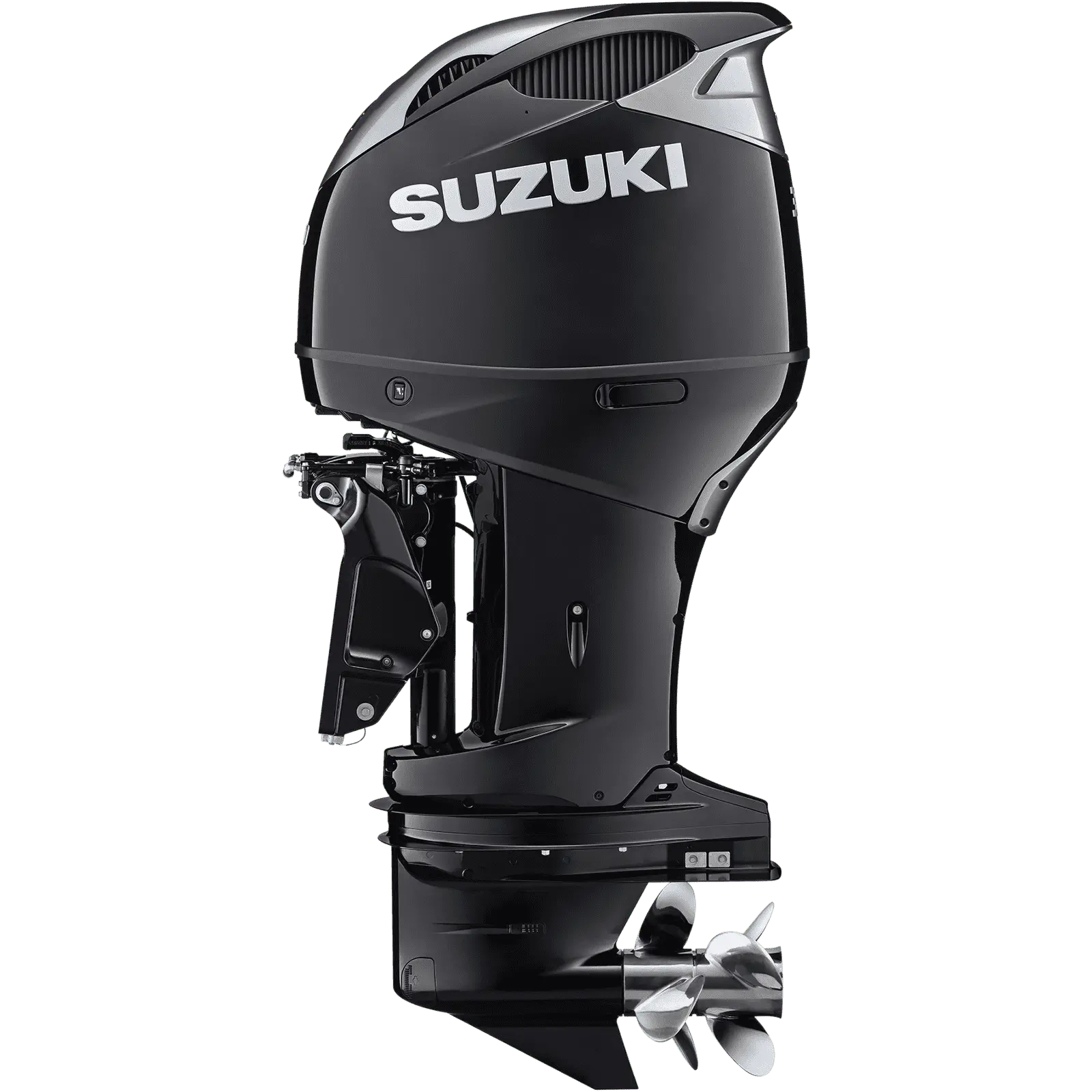 A sleek black outboard motor with propeller at bottom.