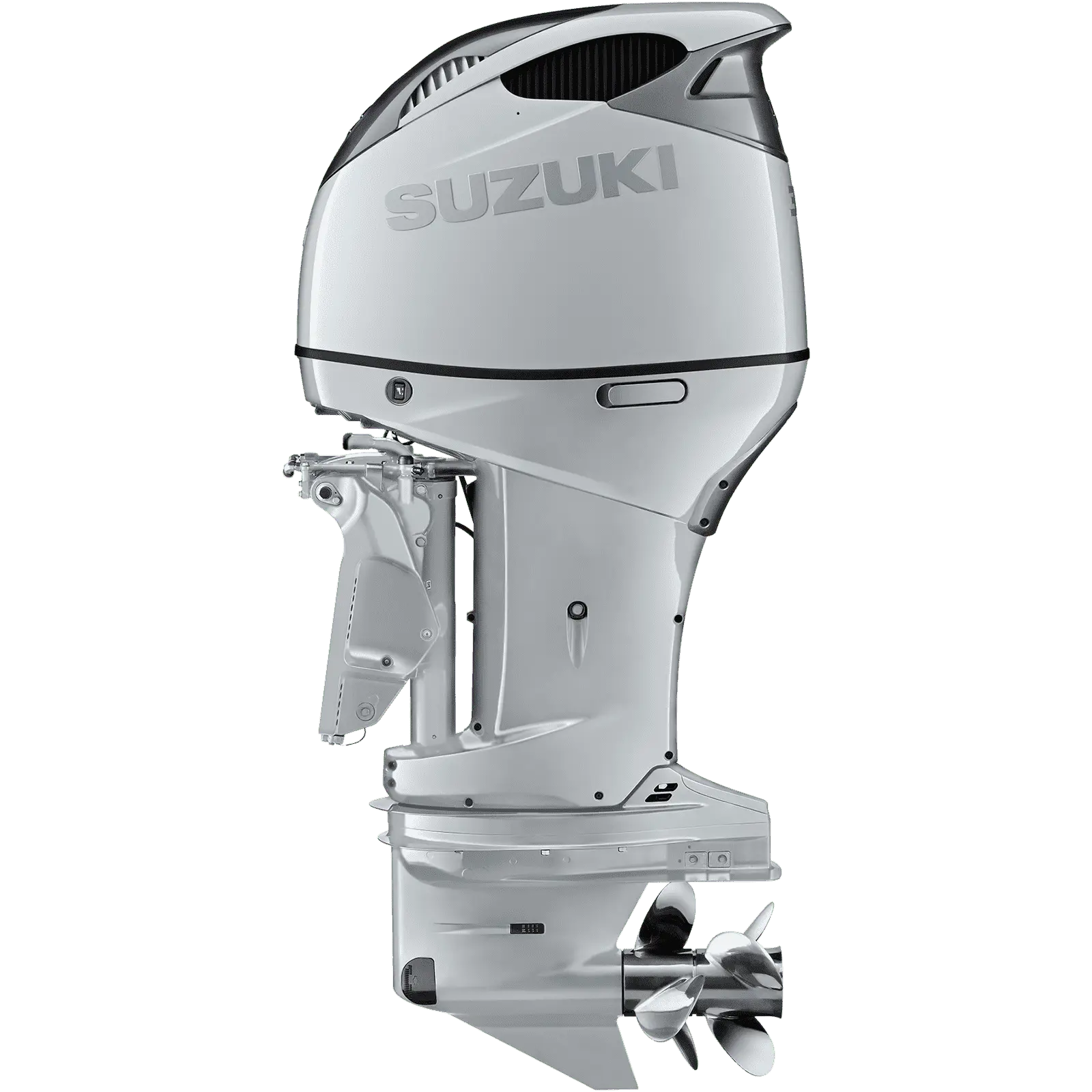 Suzuki outboard motor with propeller and control lever shown.