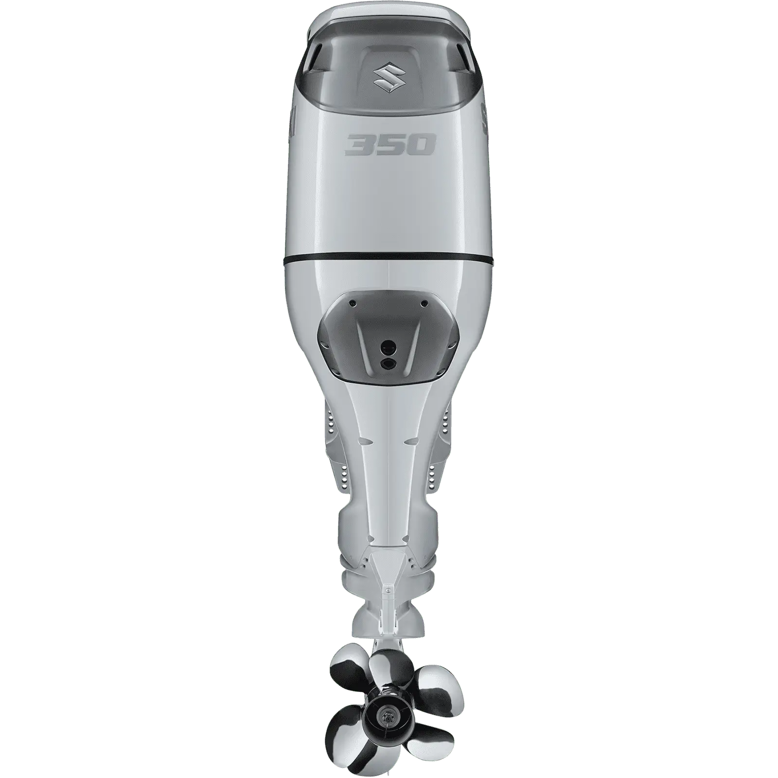 A sleek outboard motor with propeller at bottom and number 350 on top.