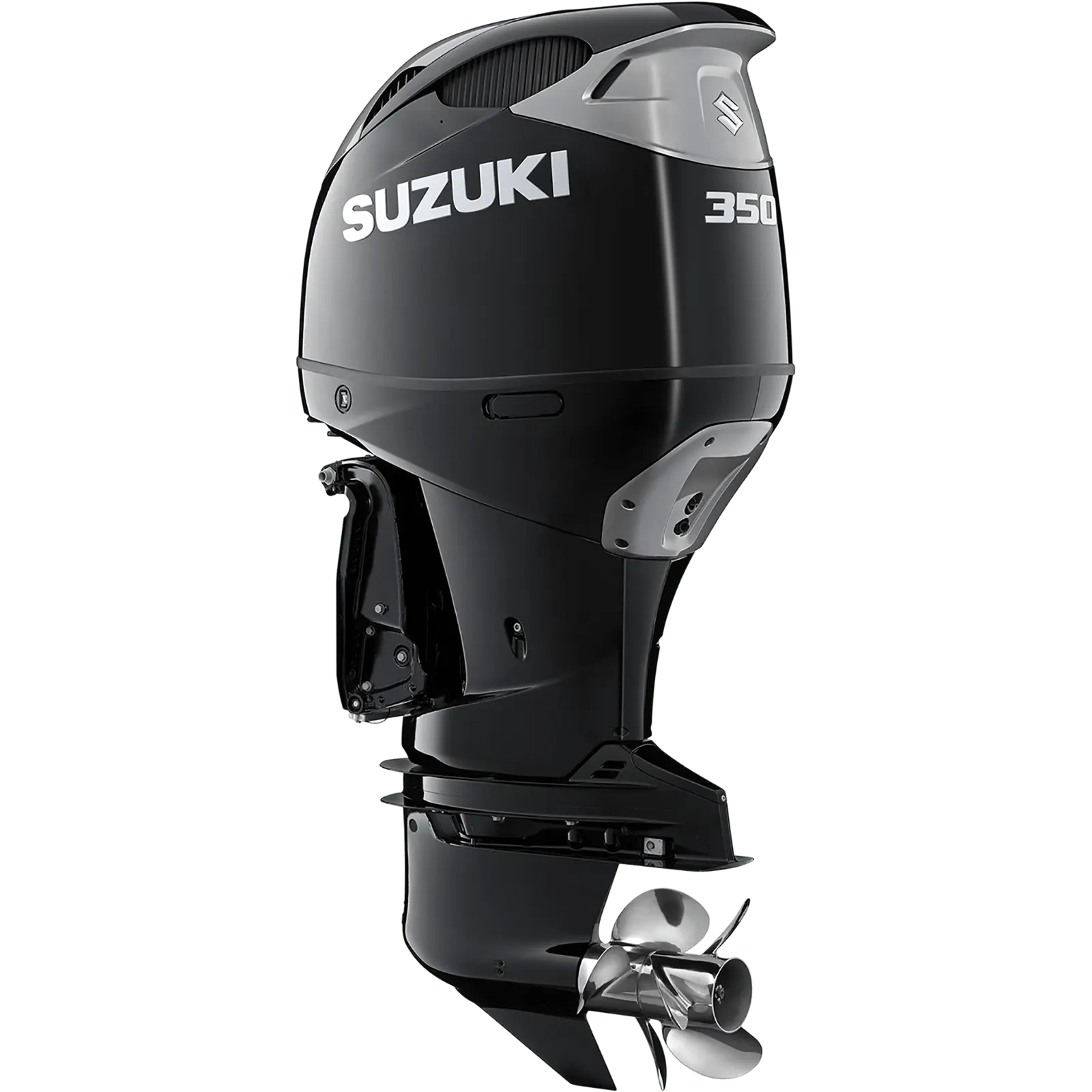 A sleek black outboard motor with silver propeller and branding details.