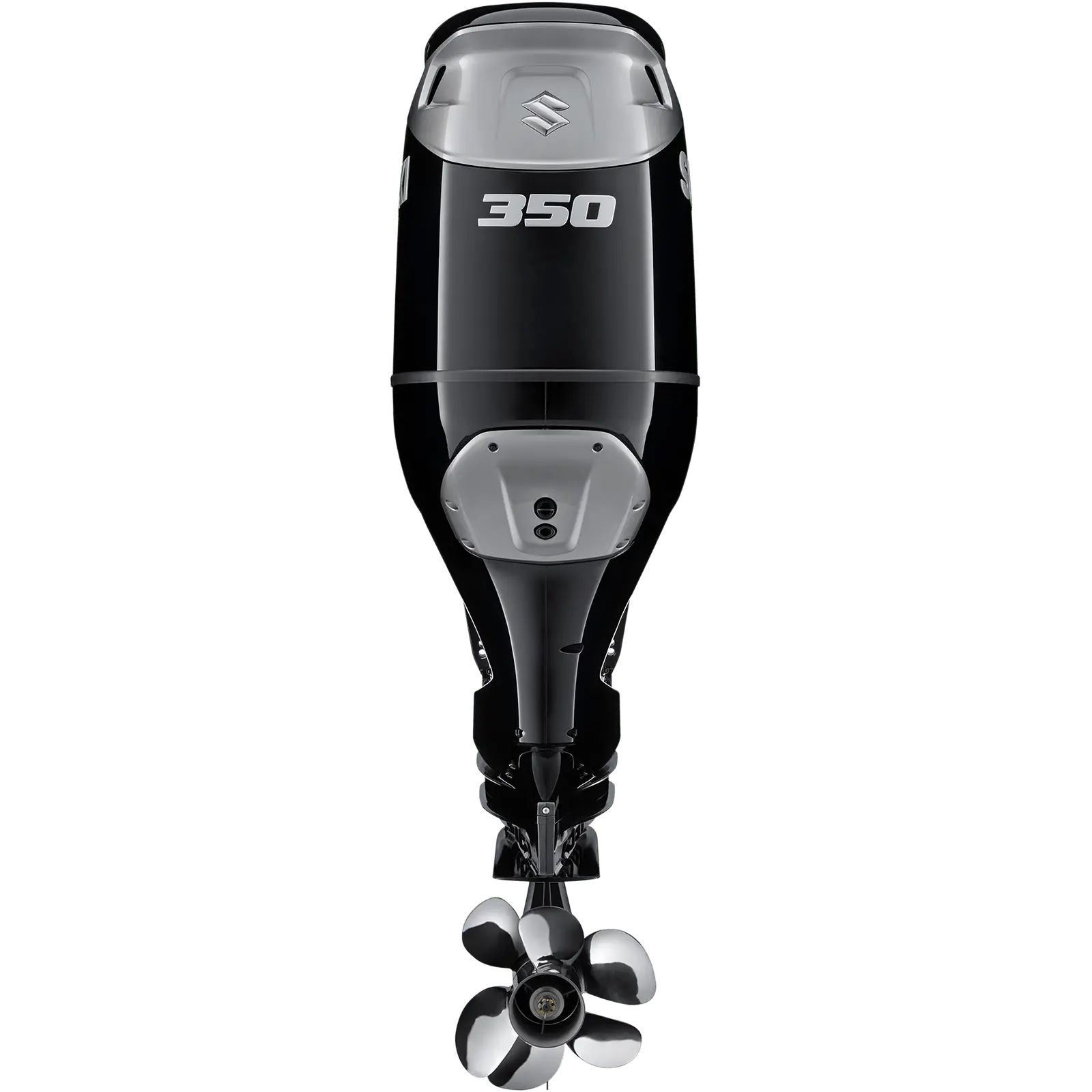 A sleek black and silver outboard motor with propeller at bottom.