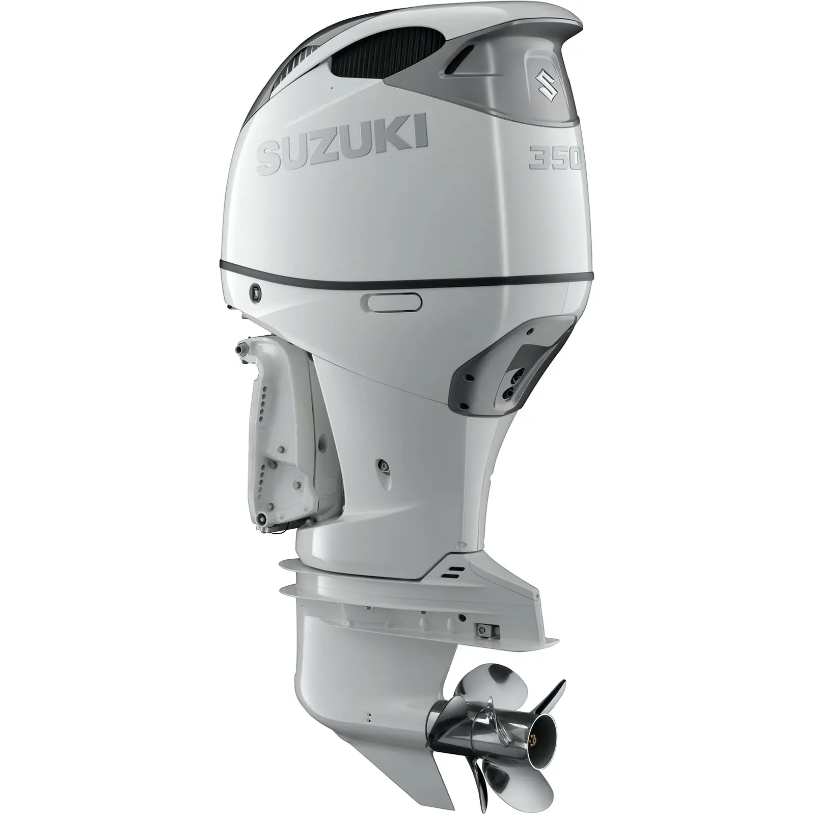 A sleek white outboard motor with propeller and branding details.