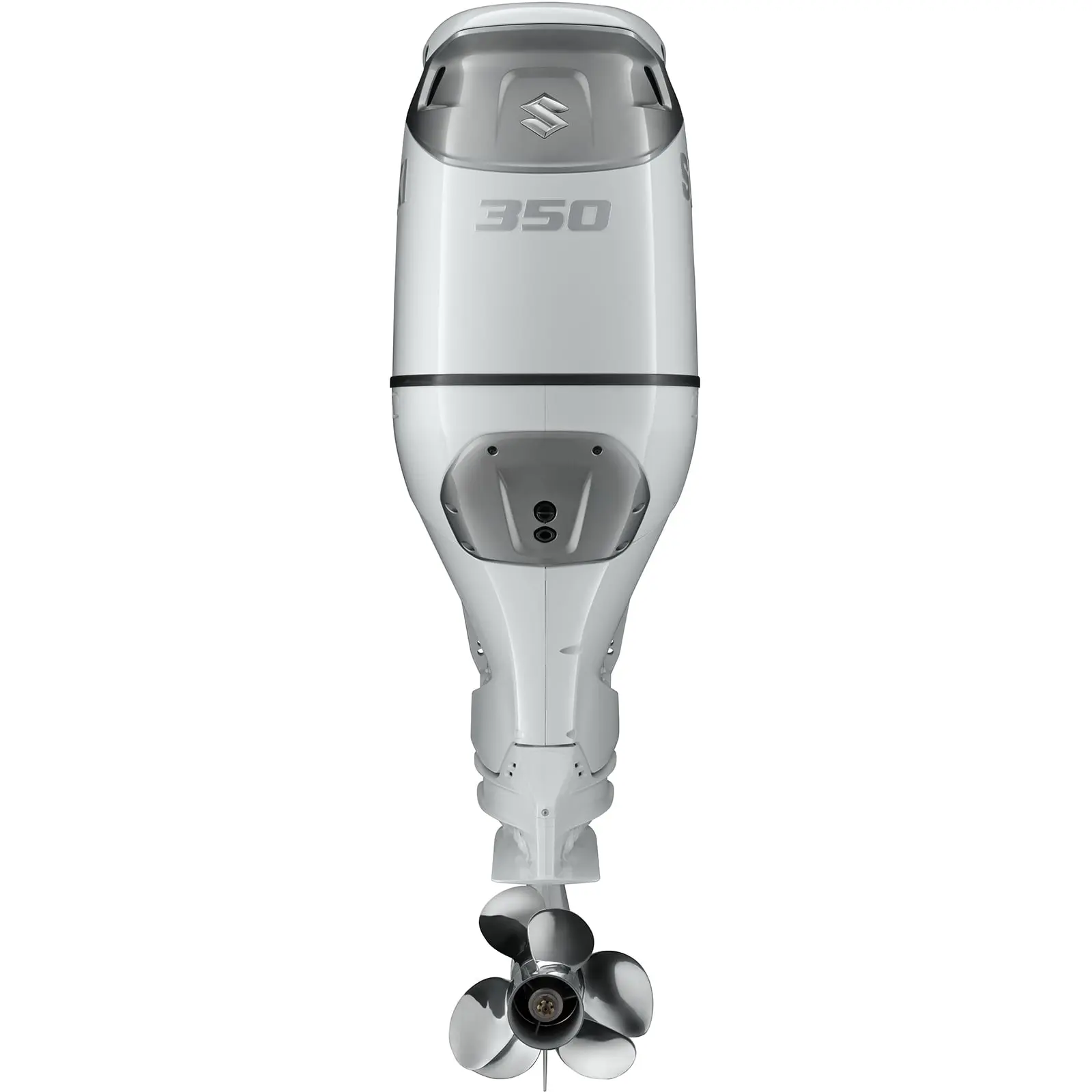 A sleek white outboard motor with propeller at bottom.