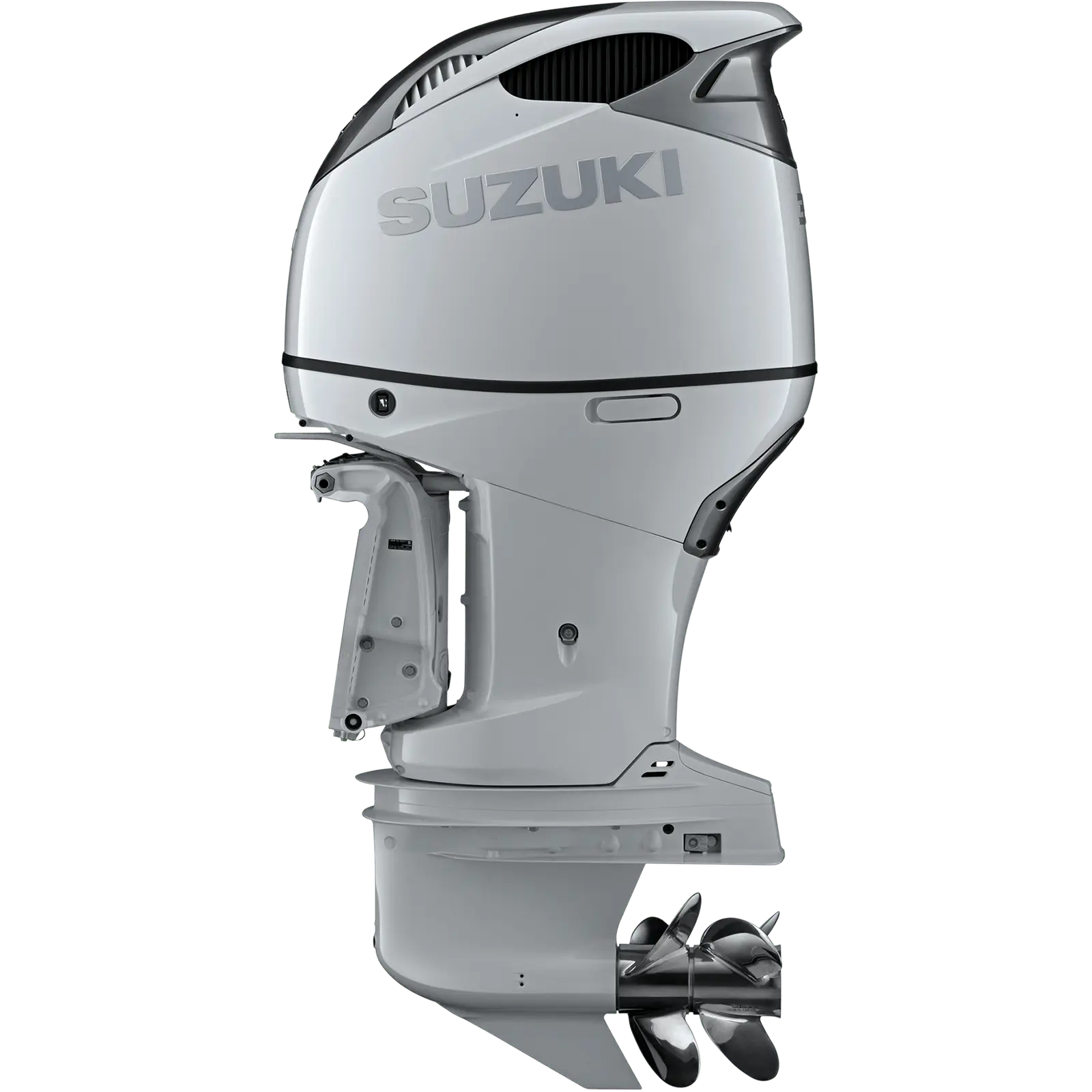 Suzuki outboard motor with propeller and sleek design.