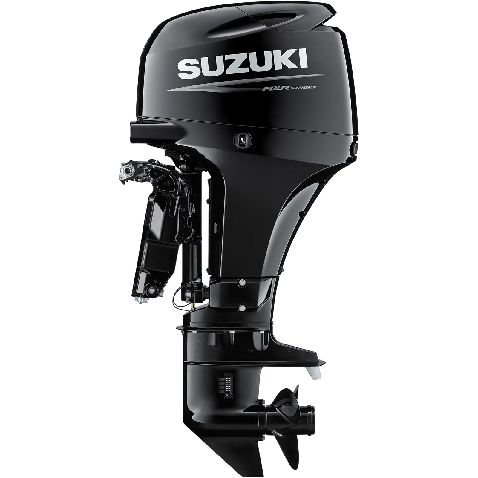 A sleek black outboard motor with four-stroke design and propeller at bottom.