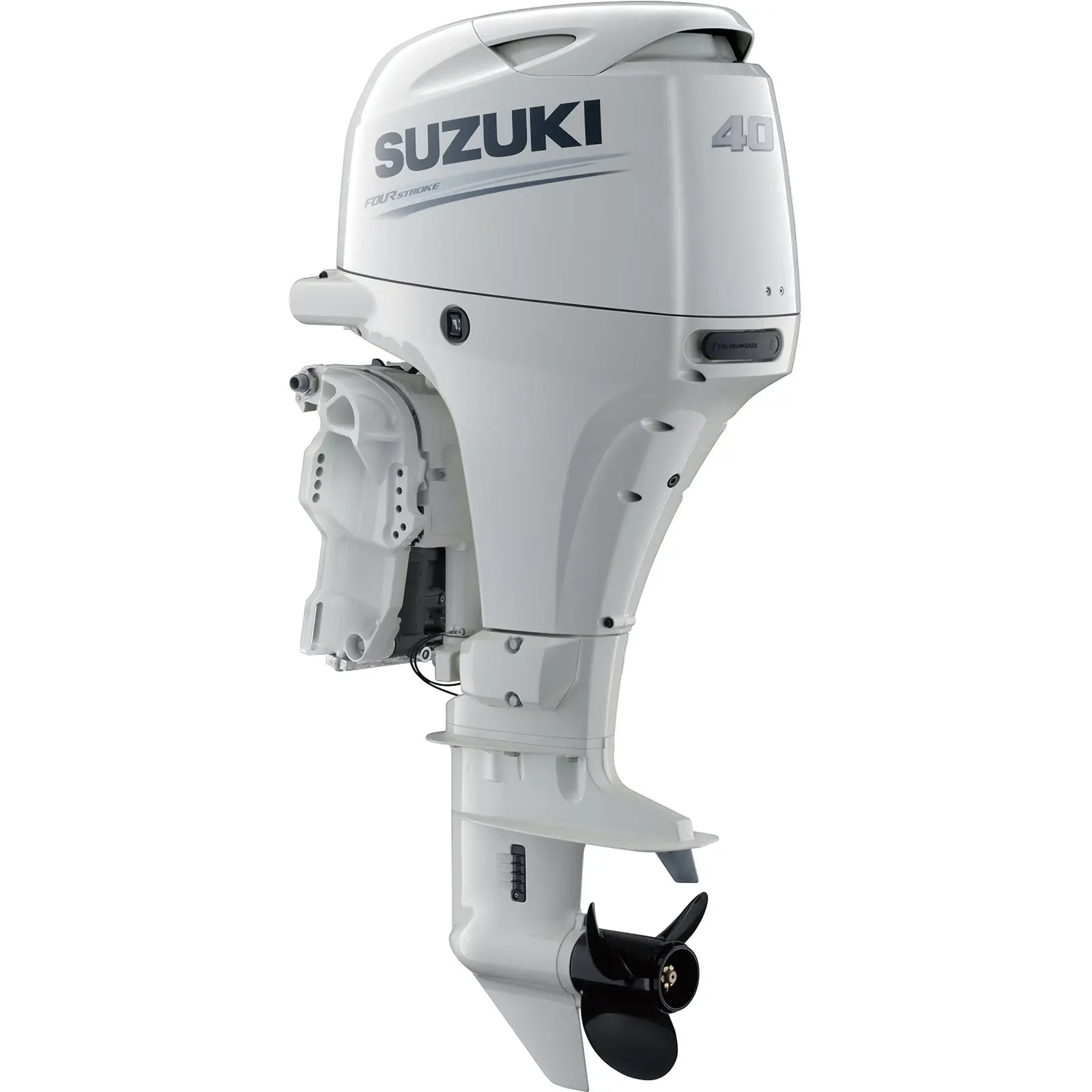 White outboard motor with propeller and control panel details.