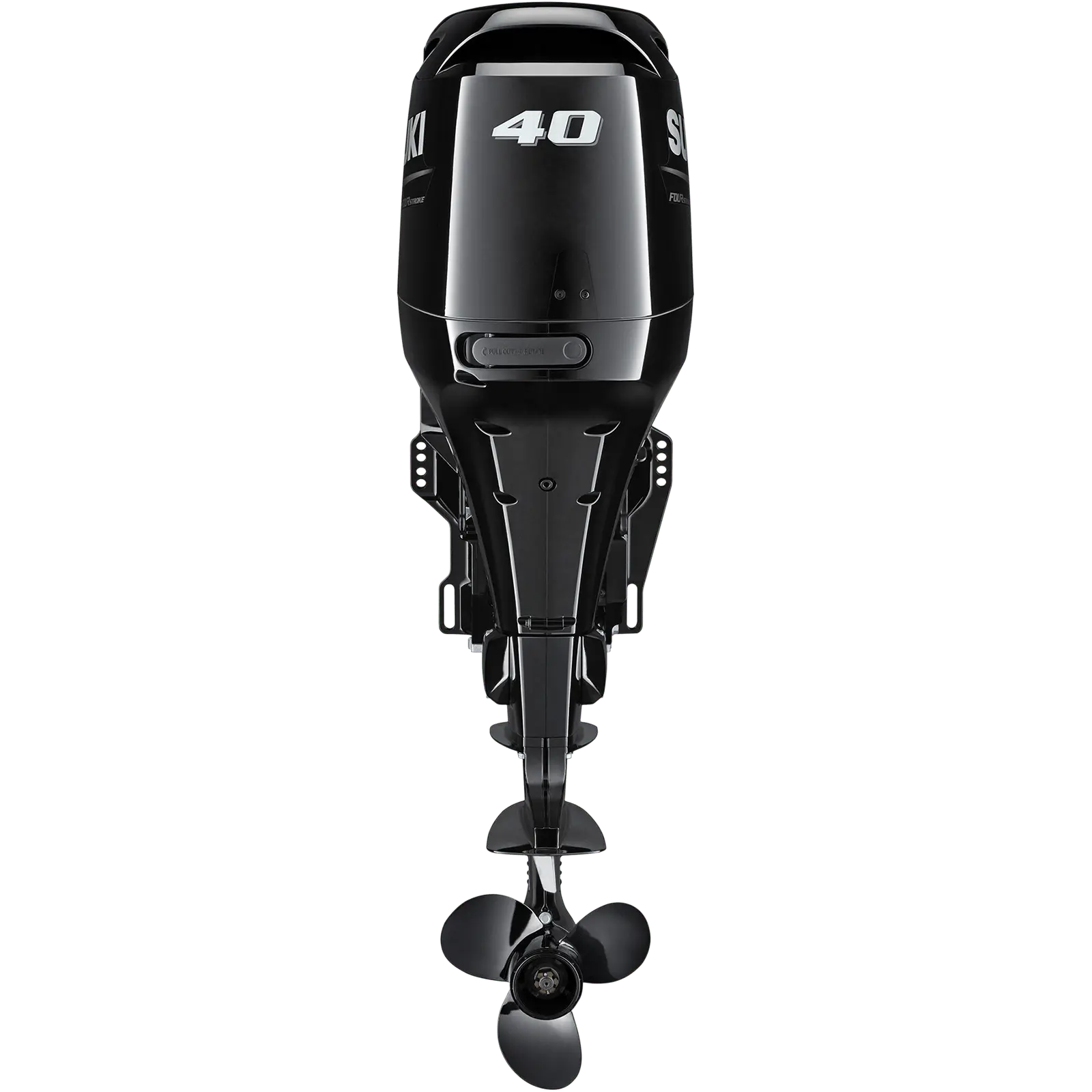 A sleek black outboard motor with propeller and number 40 prominently displayed.