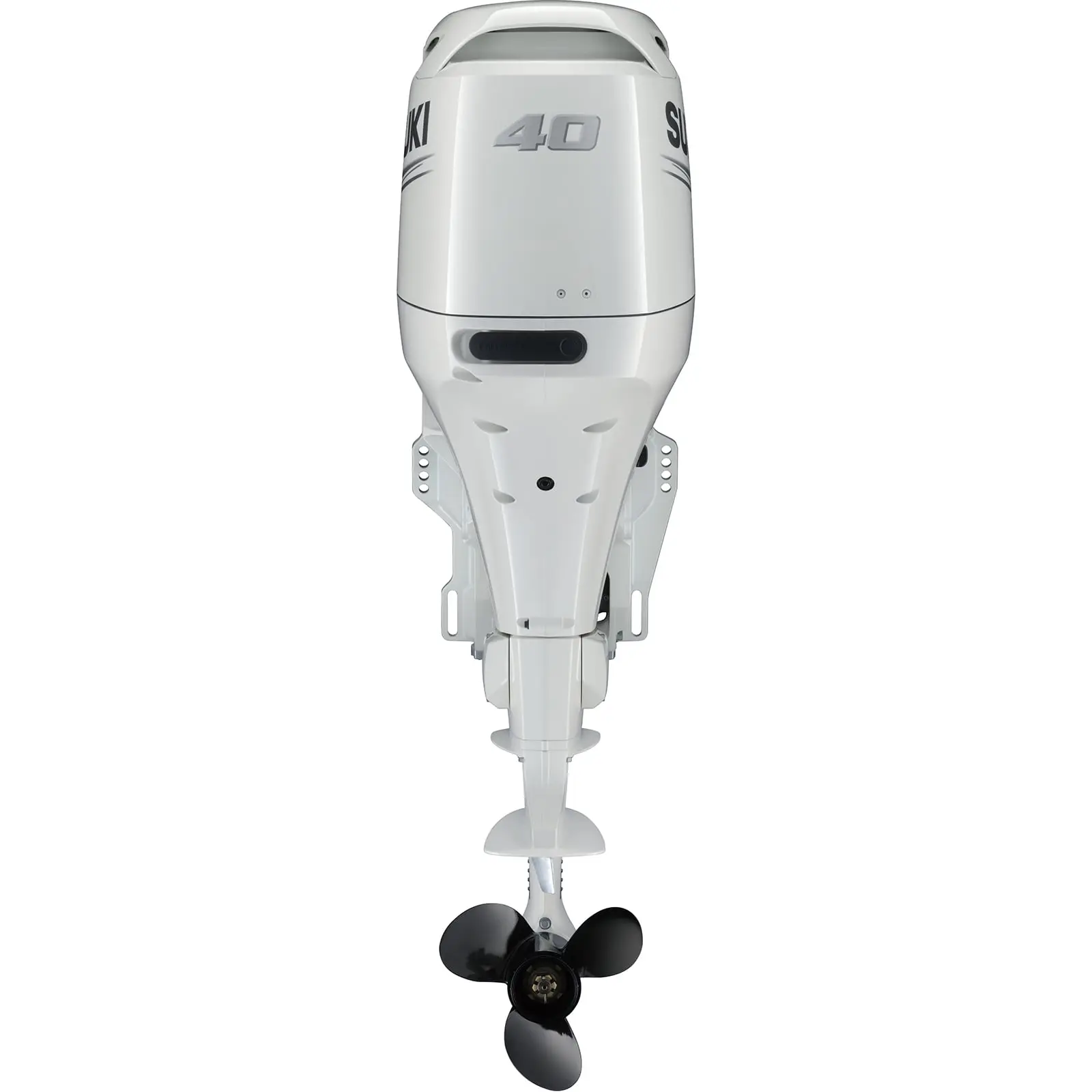 A white outboard motor with black propeller and number 40 on top.