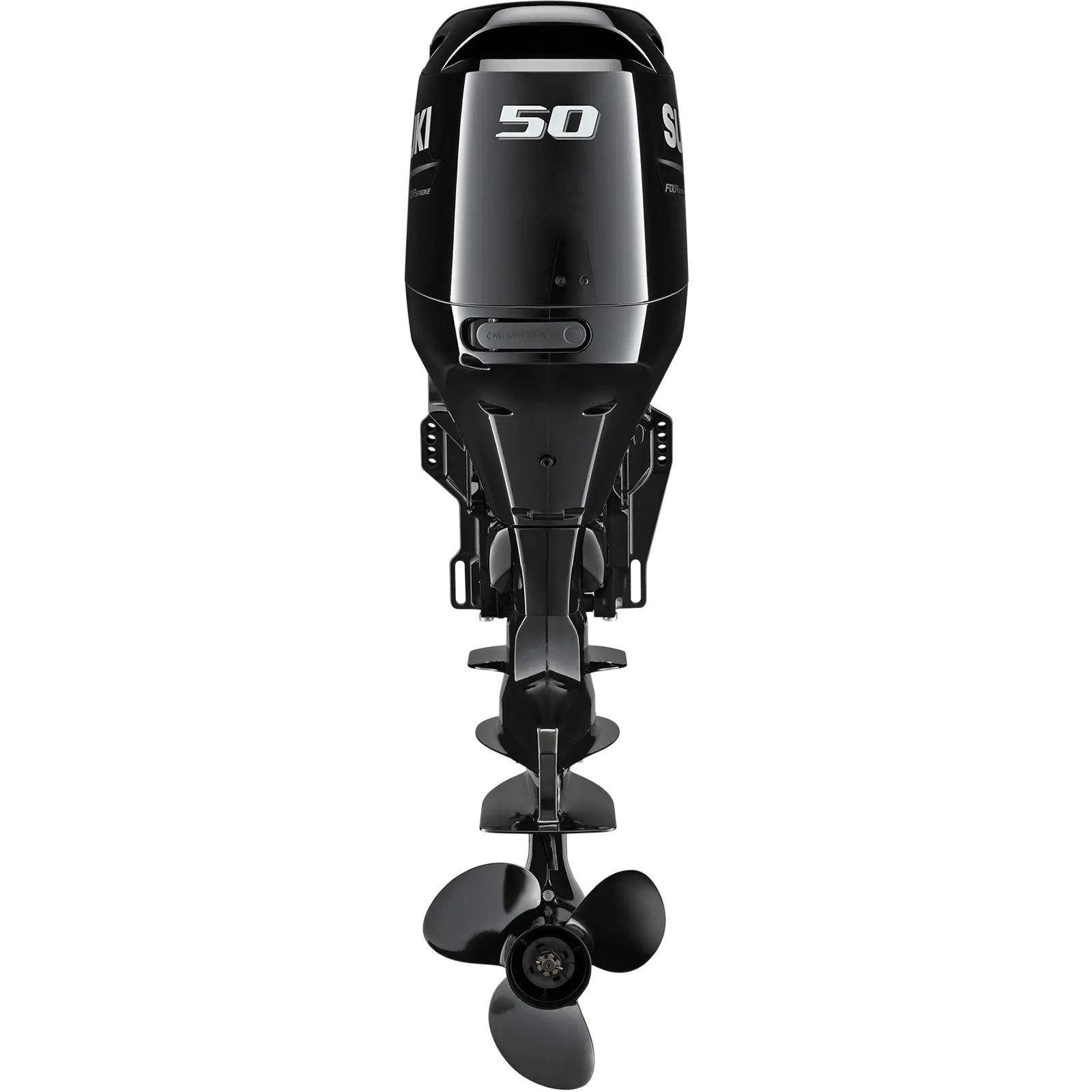 A sleek black outboard motor with propeller and 50 horsepower marking.