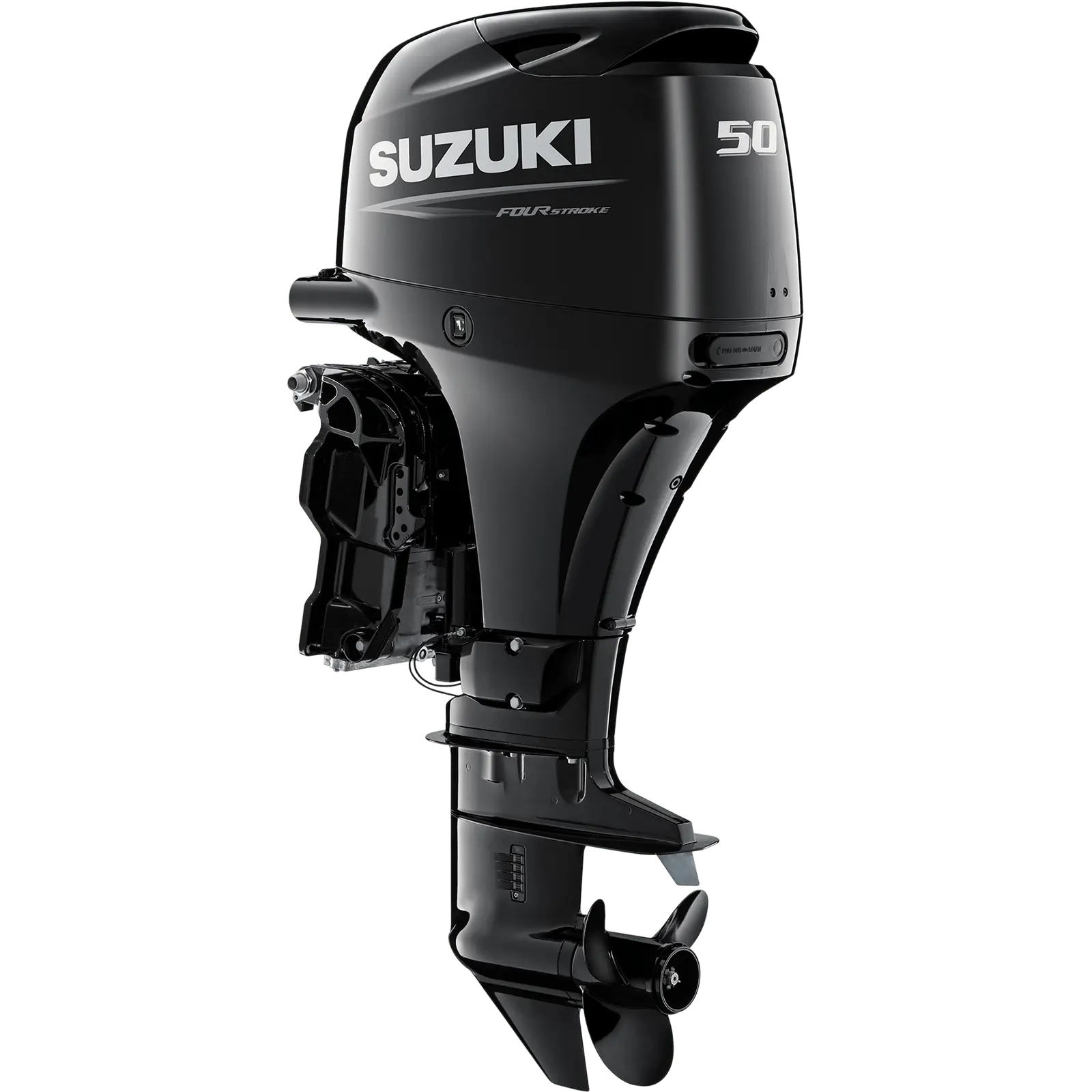 A sleek black outboard motor with propeller and branding details.