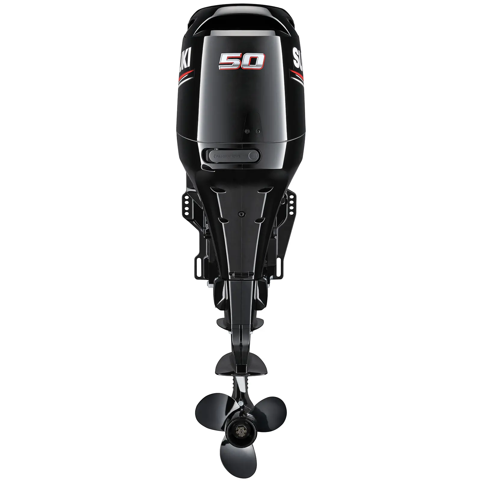 A black outboard motor with propeller and control panel details.