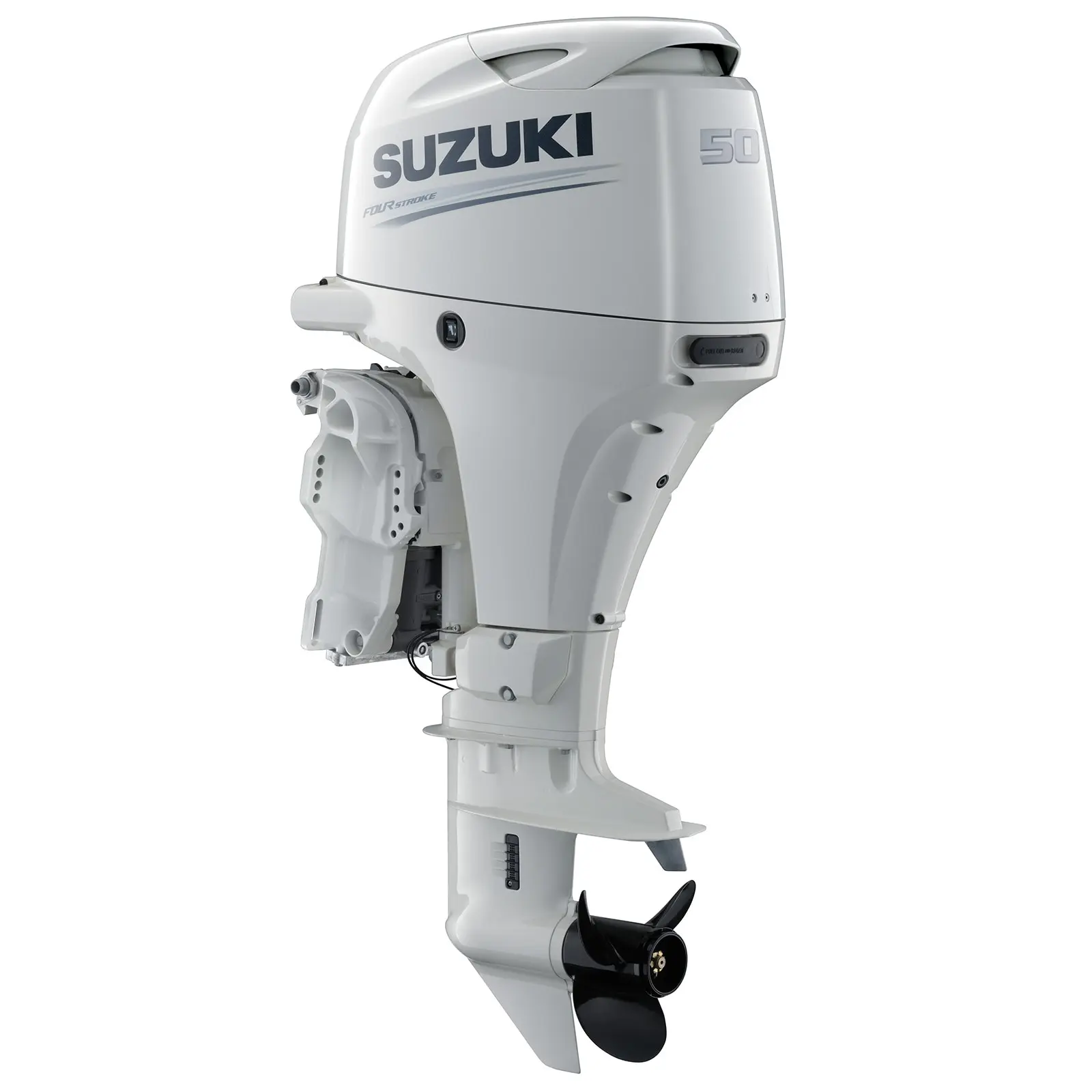 White outboard motor with propeller and control panel details.