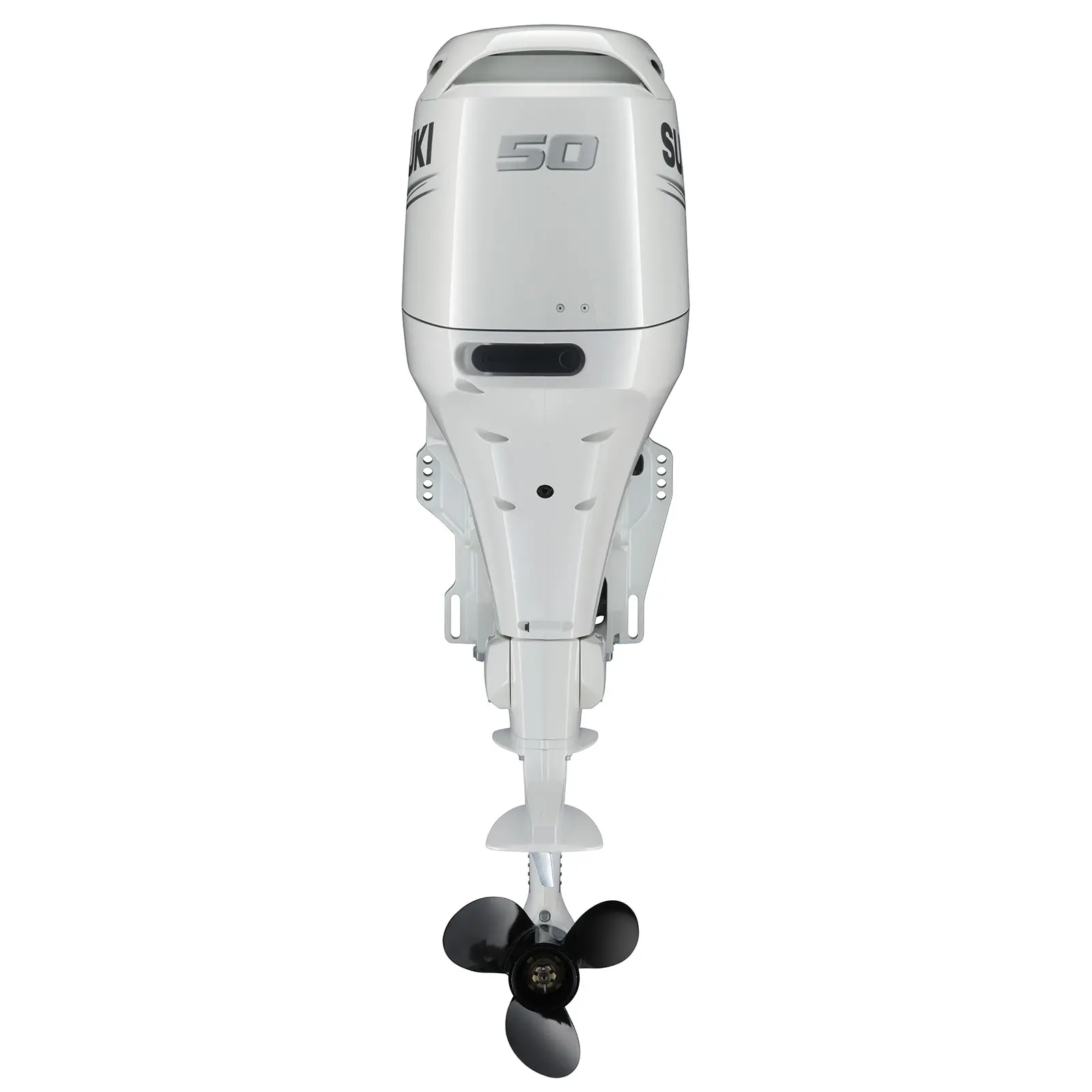 A white outboard motor with black propeller and number 50 on top.