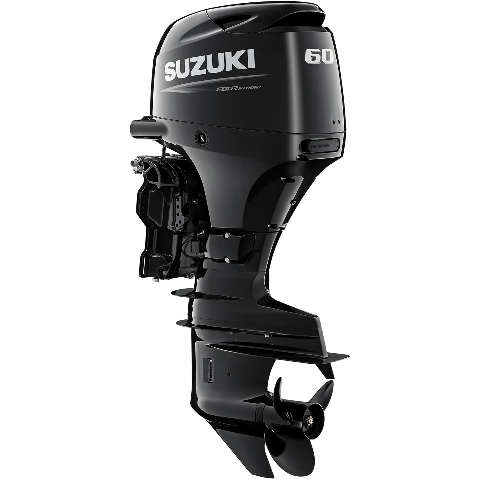 A sleek black outboard motor with propeller and branding details.