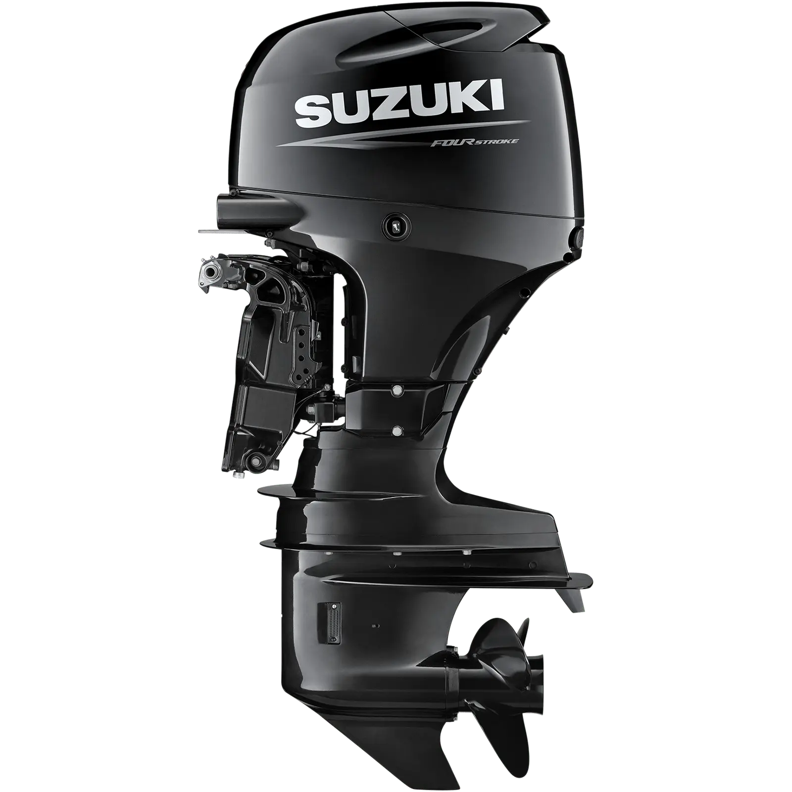 A sleek black outboard motor with propeller and engine components.
