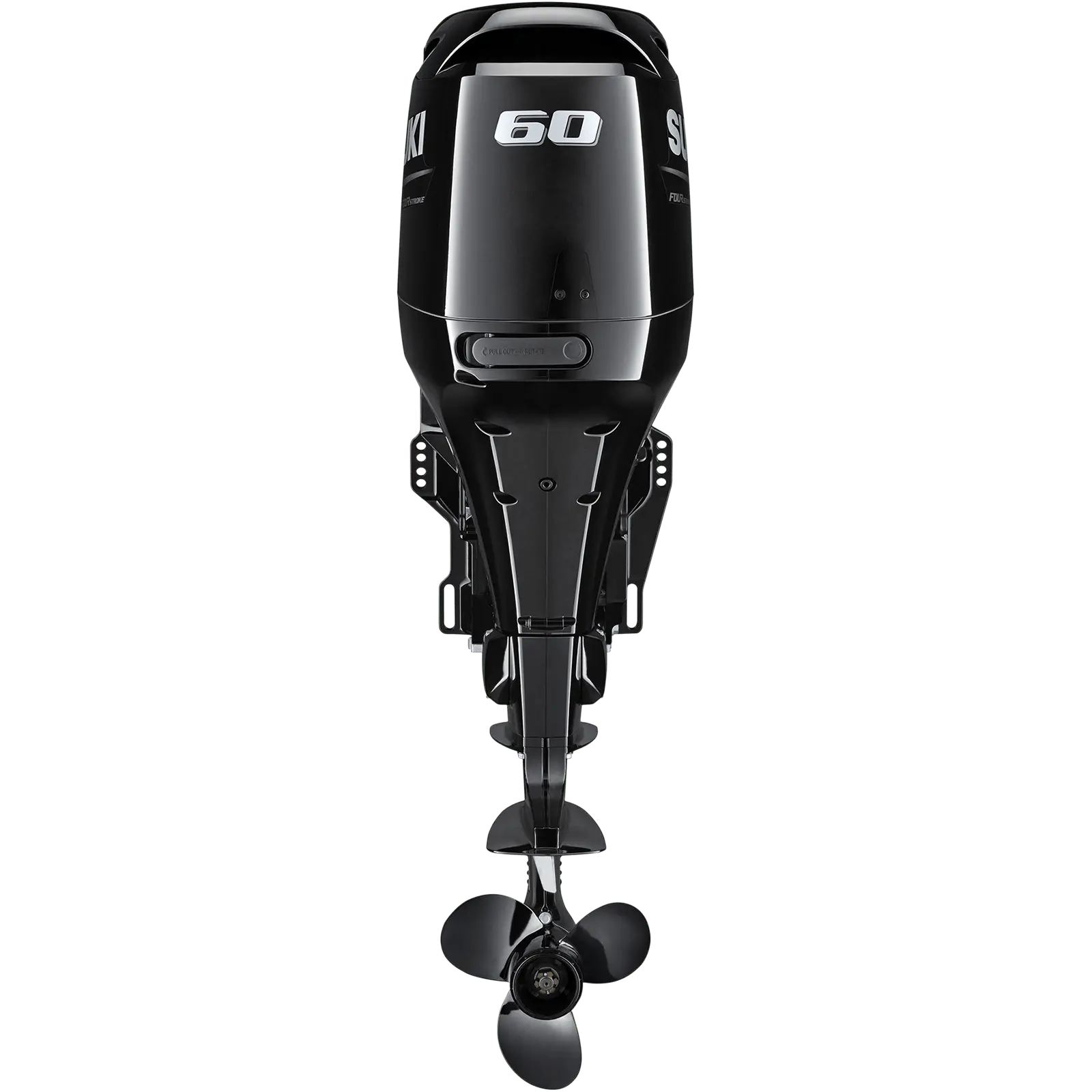 A sleek black outboard motor with propeller and number 60 prominently displayed.